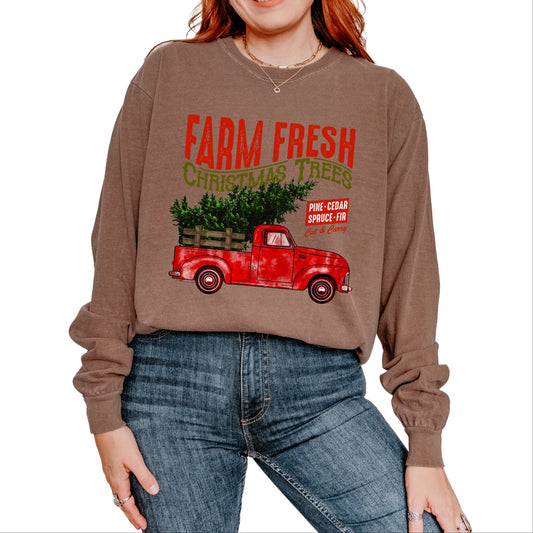 Farm Fresh Christmas Trees Truck - Womens Garment Dyed Long Sleeve