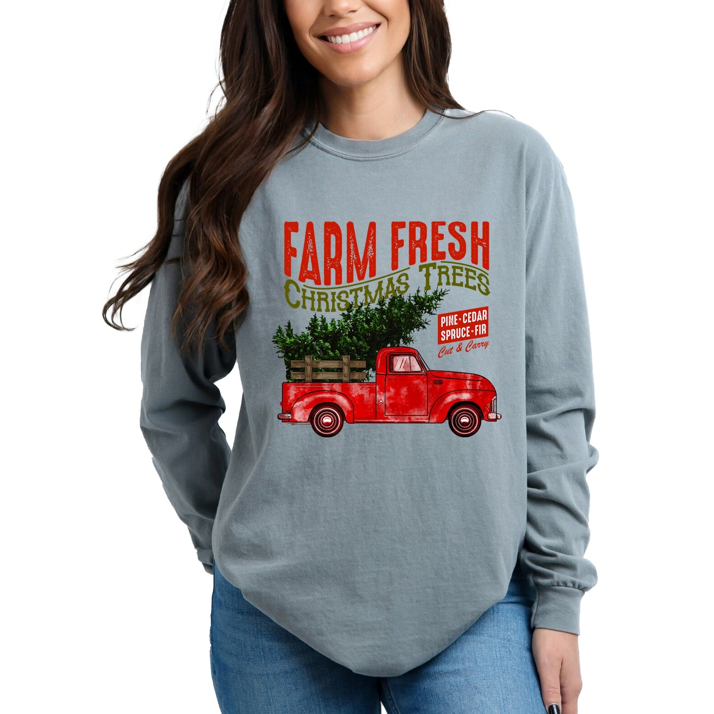 Farm Fresh Christmas Trees Truck - Women's Garment Dyed Long Sleeve