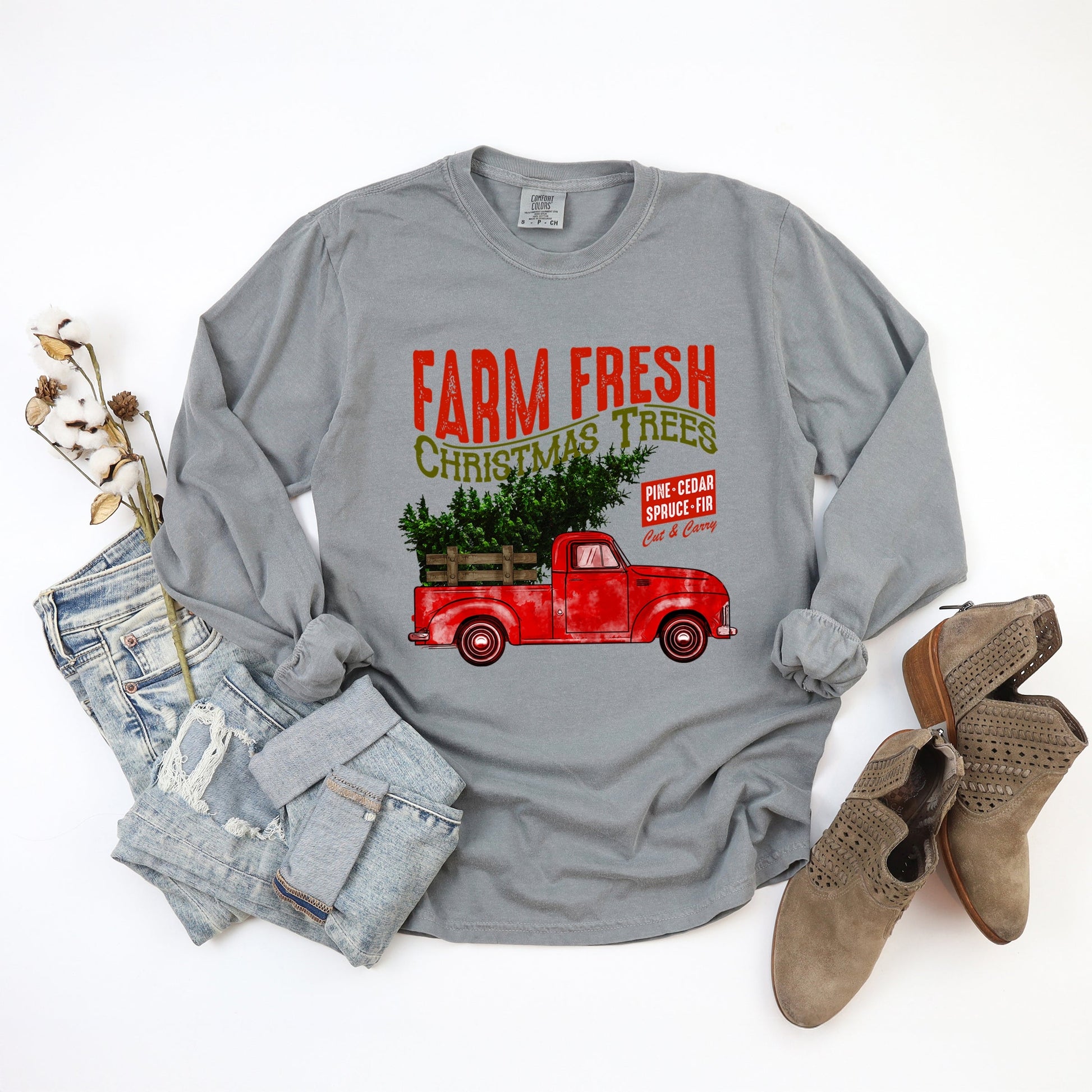 Farm Fresh Christmas Trees Truck - Womens Garment Dyed Long Sleeve