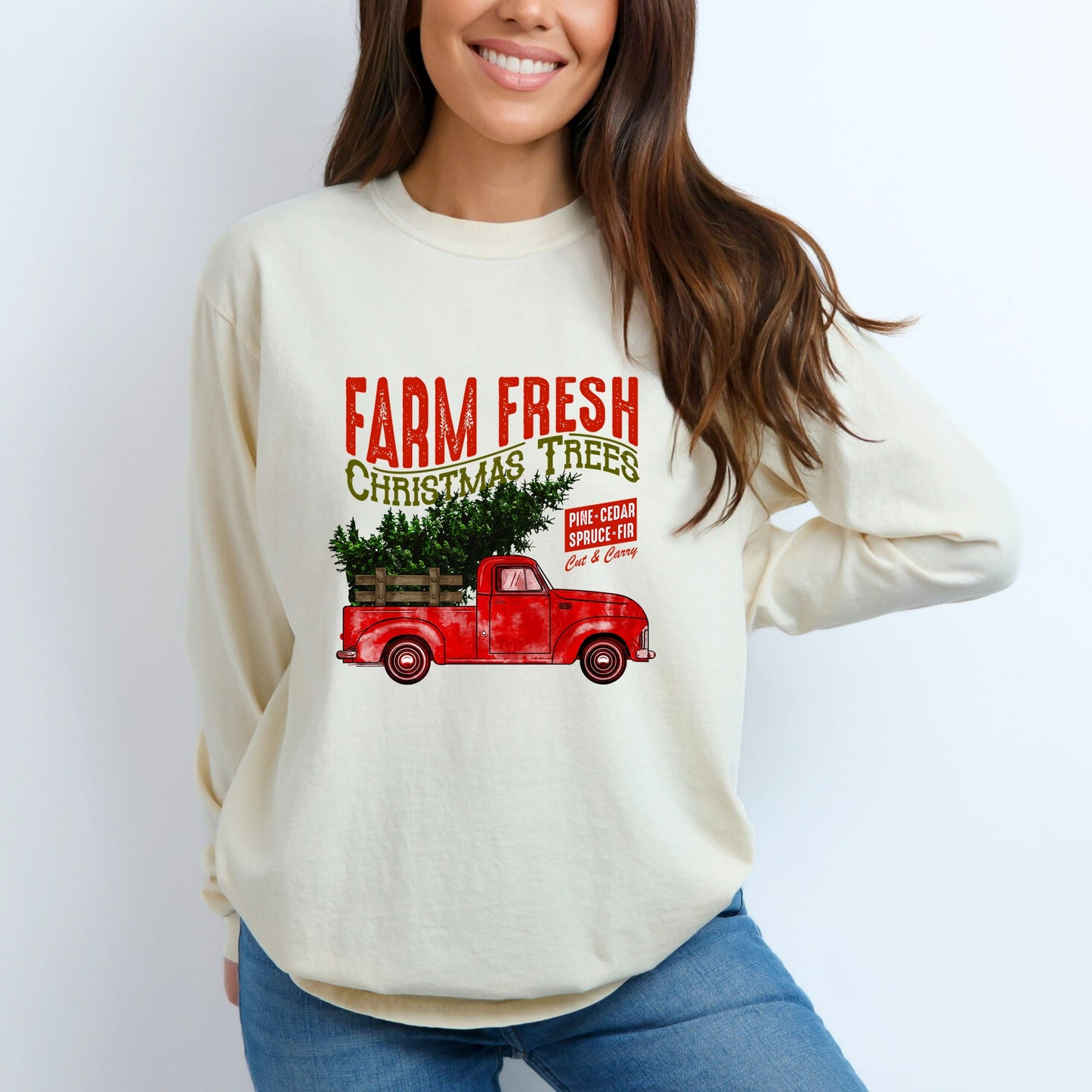Farm Fresh Christmas Trees Truck - Women's Garment Dyed Long Sleeve