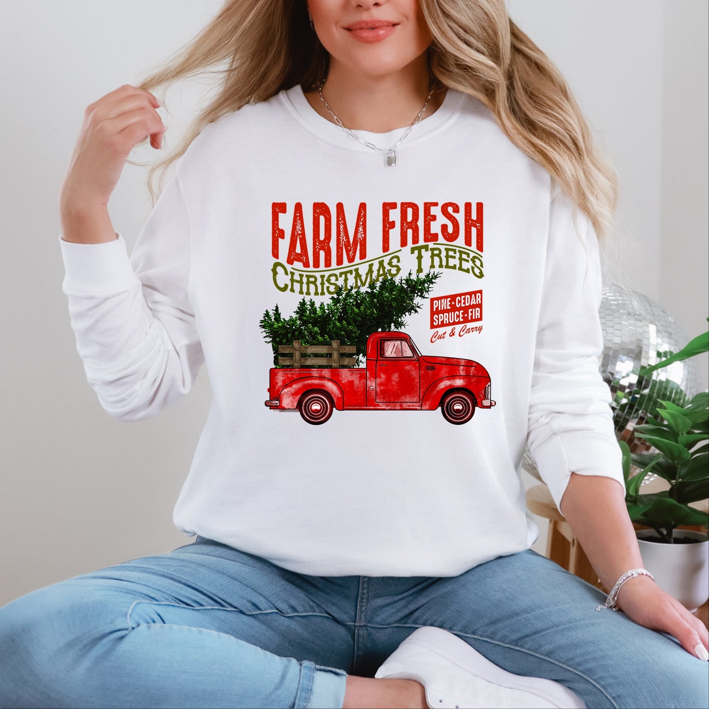 Farm Fresh Christmas Trees Truck - Womens Garment Dyed Long Sleeve