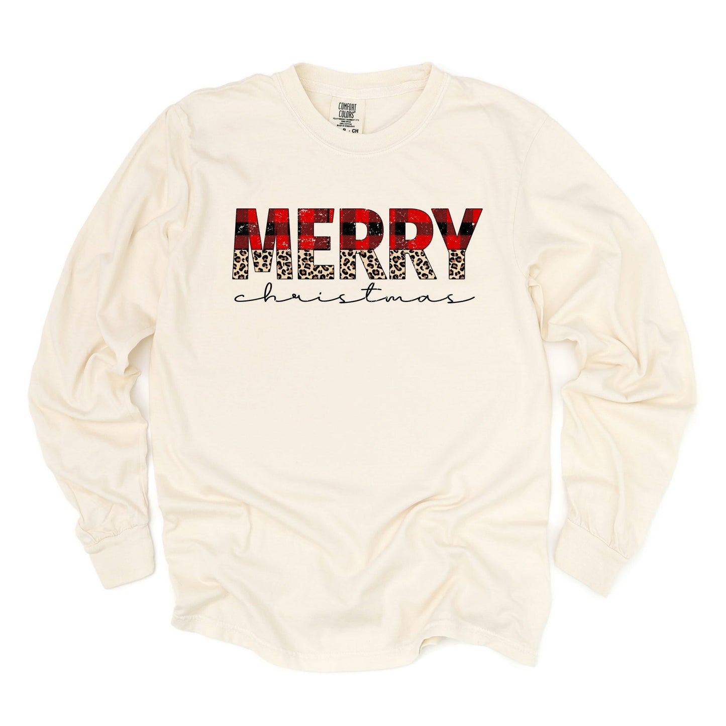 Buffalo Plaid Merry Christmas - Women's Garment Dyed Long Sleeve Graphic T-Shirt