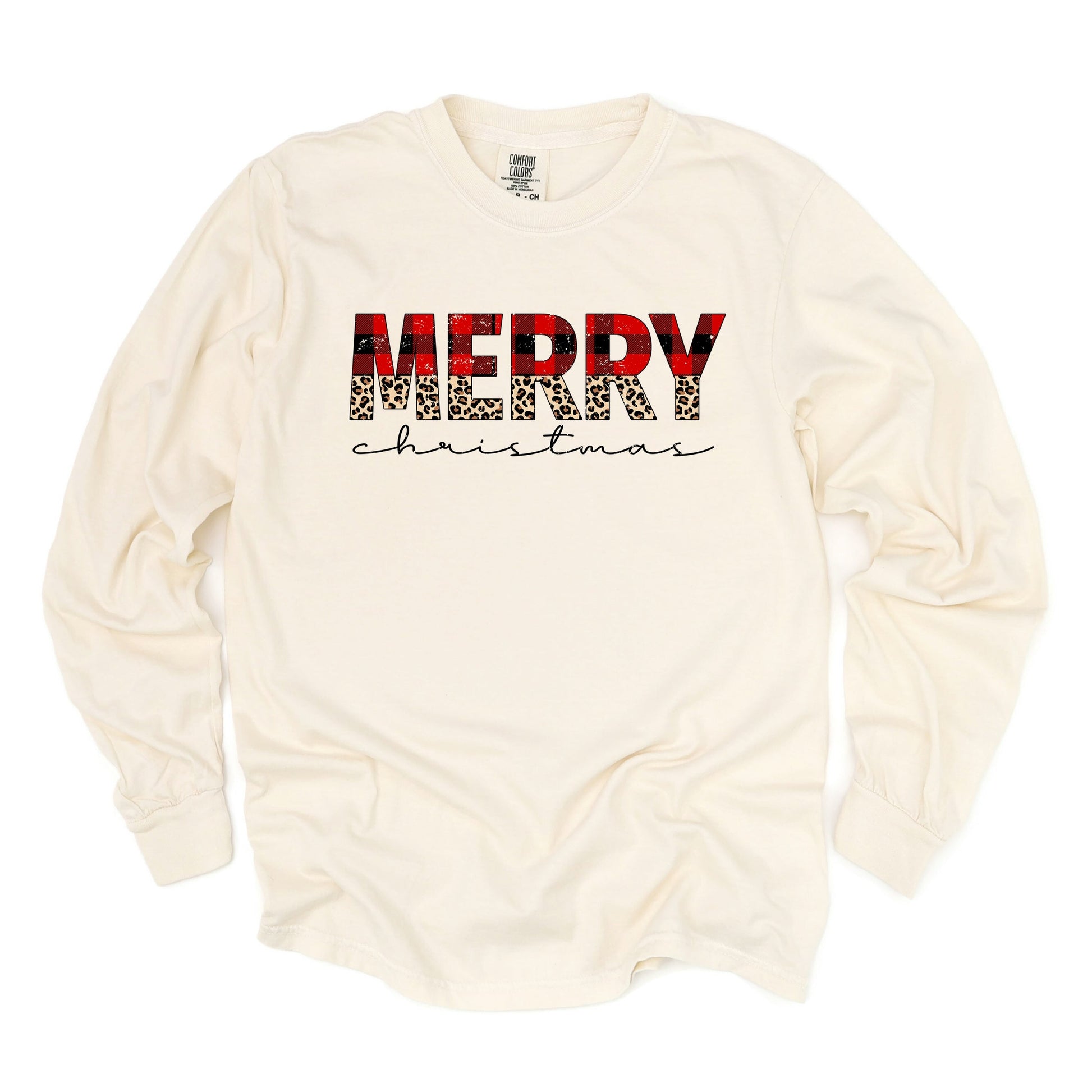 Buffalo Plaid Merry Christmas - Women's Garment Dyed Long Sleeve Graphic T-Shirt
