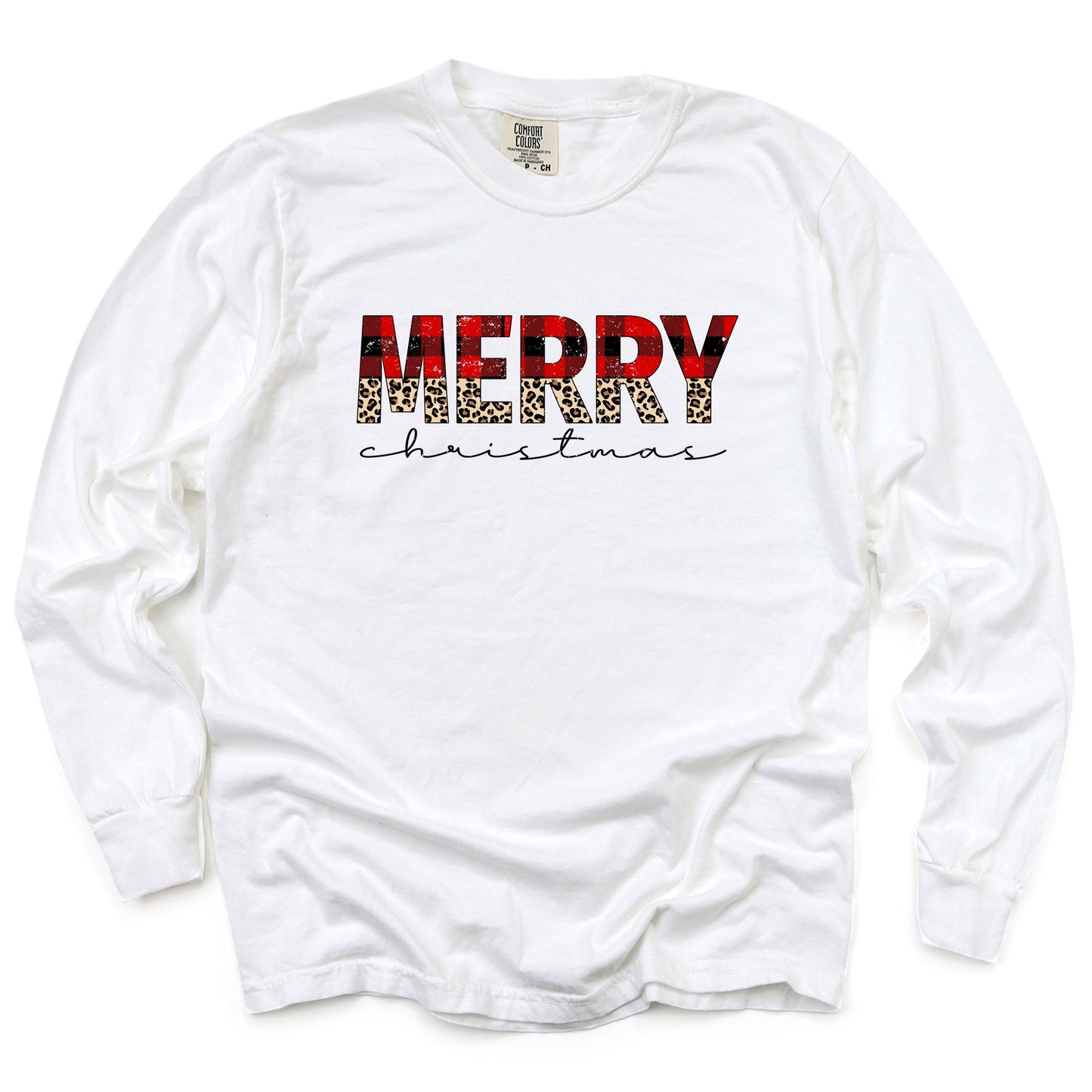 Buffalo Plaid Merry Christmas - Women's Garment Dyed Long Sleeve Graphic T-Shirt