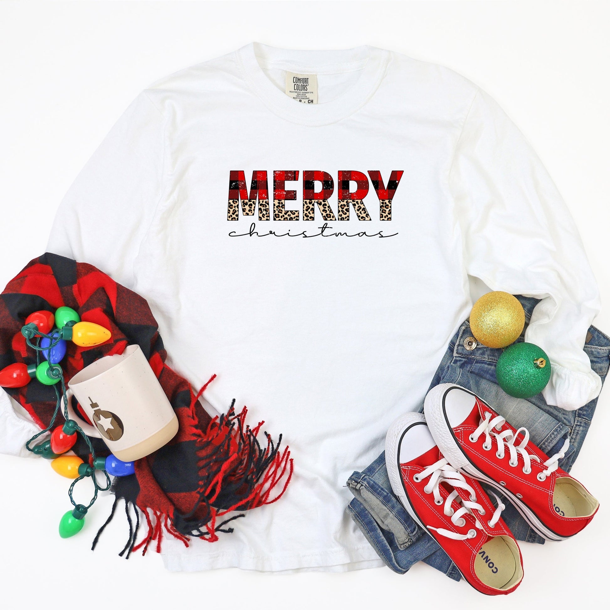 Buffalo Plaid Merry Christmas - Women's Garment Dyed Long Sleeve Graphic T-Shirt