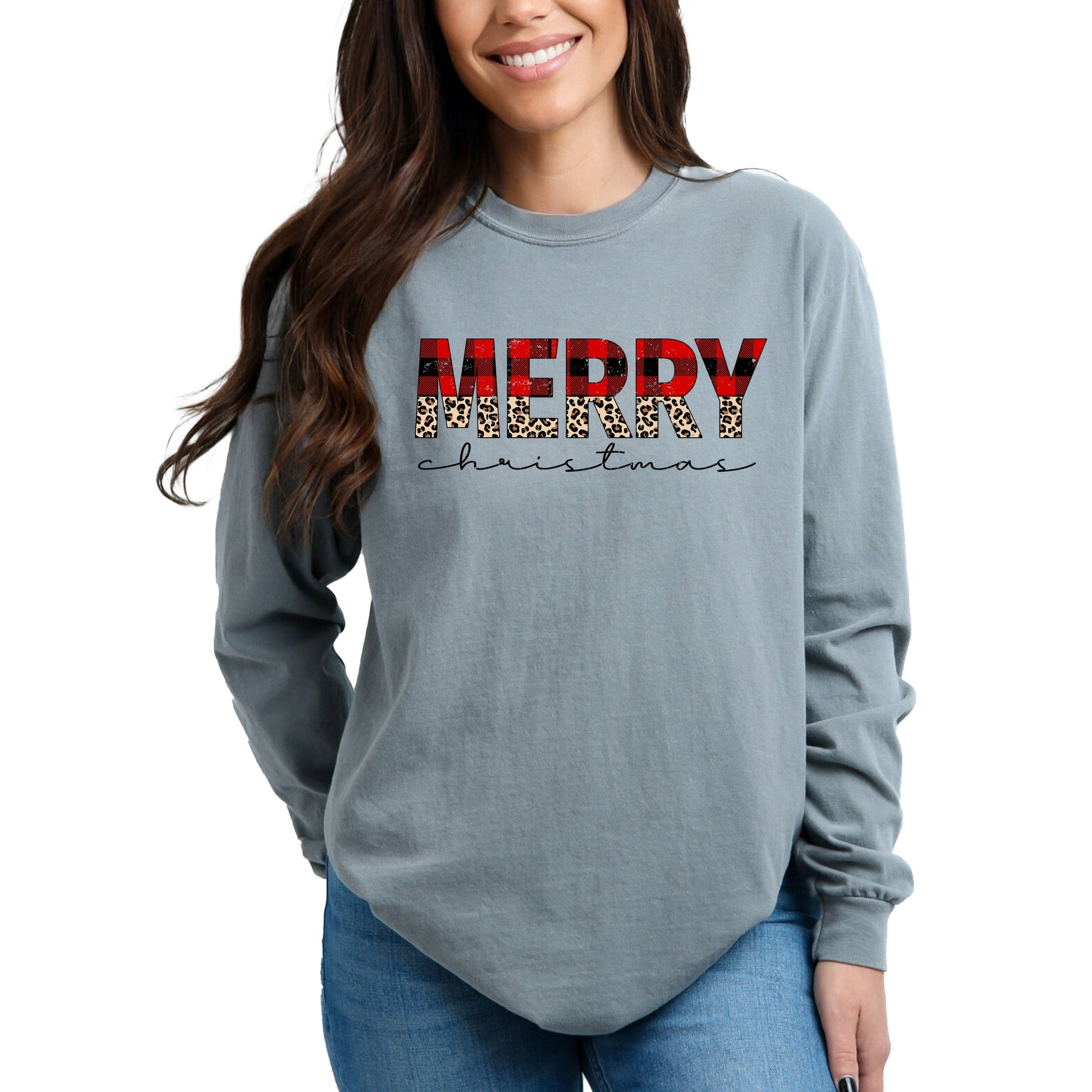 Buffalo Plaid Merry Christmas - Women's Garment Dyed Long Sleeve Graphic T-Shirt