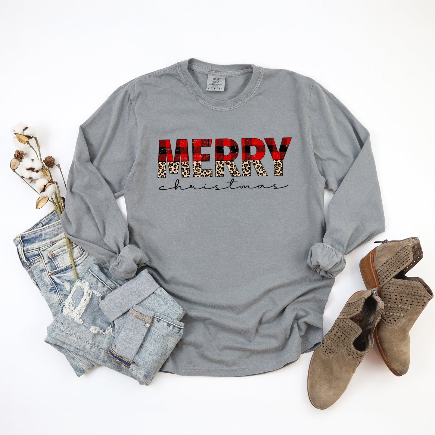 Buffalo Plaid Merry Christmas - Women's Garment Dyed Long Sleeve Graphic T-Shirt