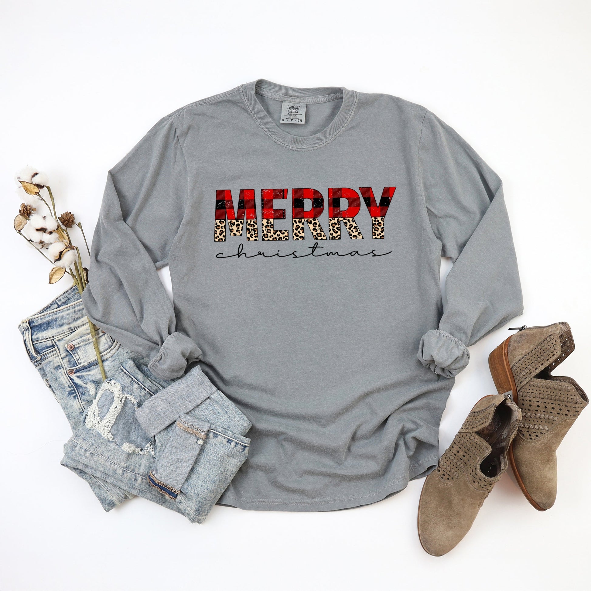 Buffalo Plaid Merry Christmas - Women's Garment Dyed Long Sleeve Graphic T-Shirt