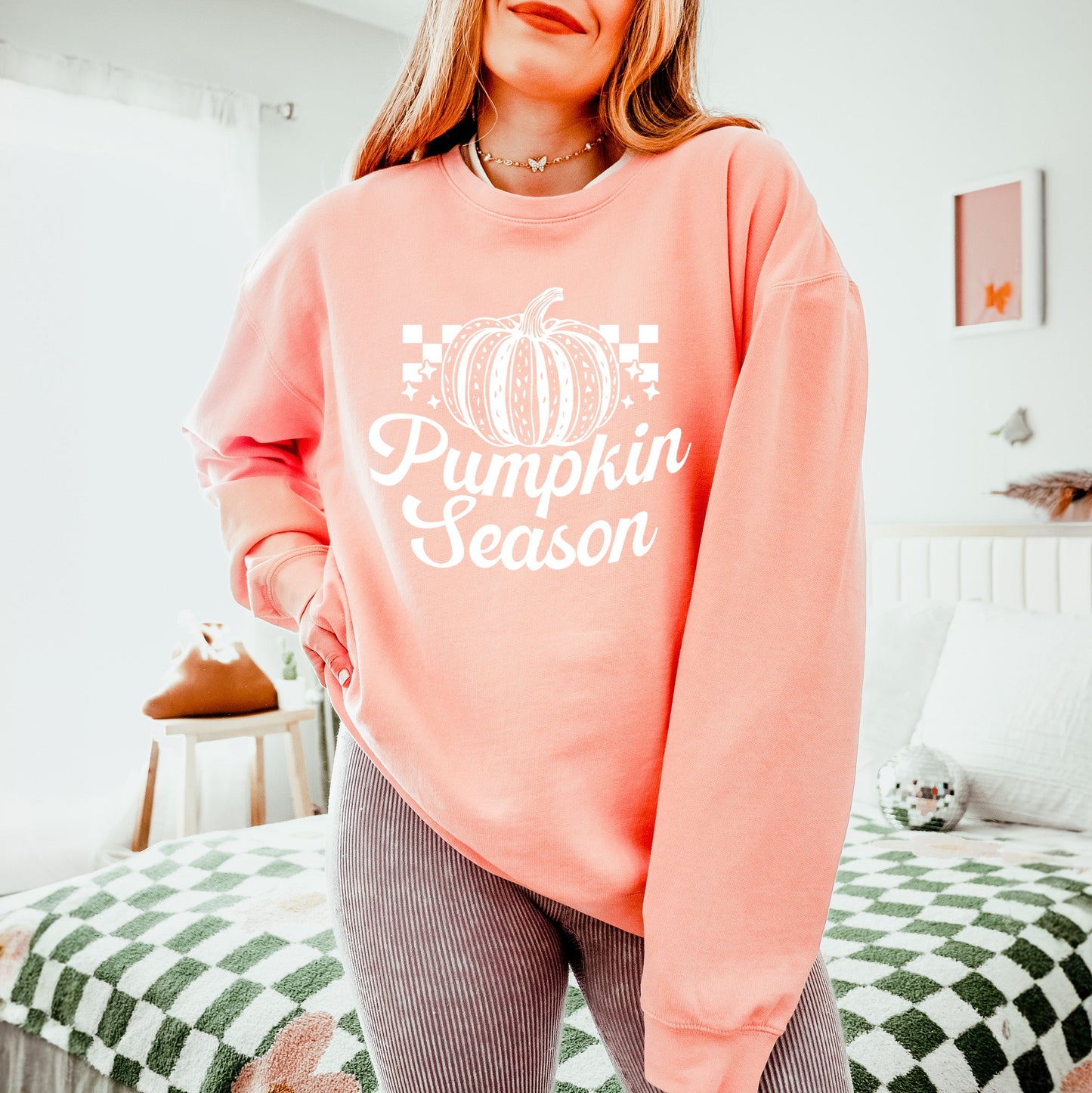 Checkered Pumpkin Season Cursive | Lightweight Garment Dyed Sweatshirt