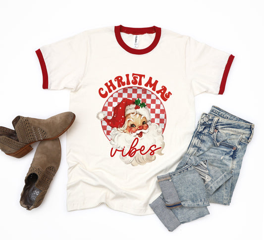 Christmas Vibes Santa Checkered  | Ringer Tee