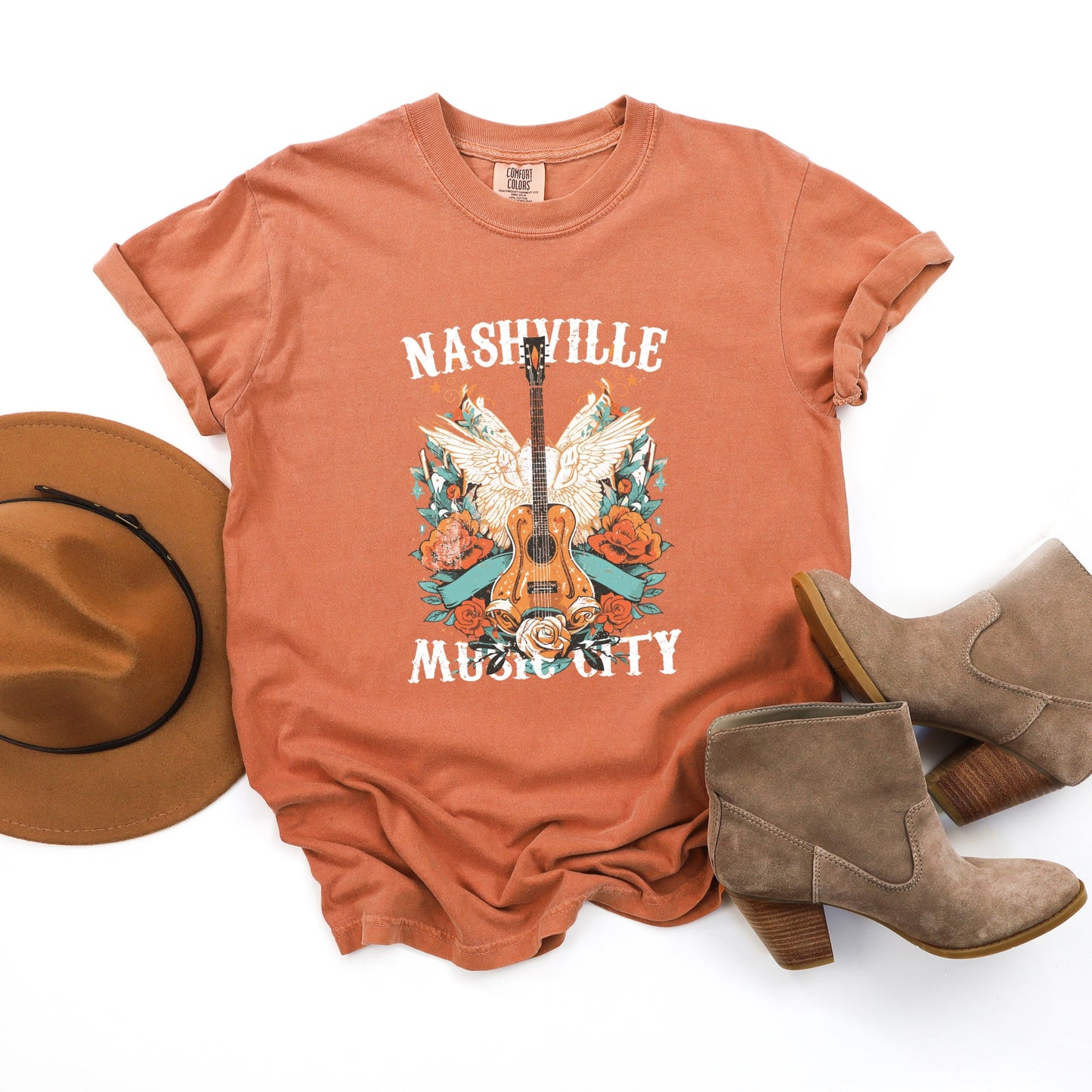 Nashville Music City Guitar Grunge - Womens Garment Dyed Tee