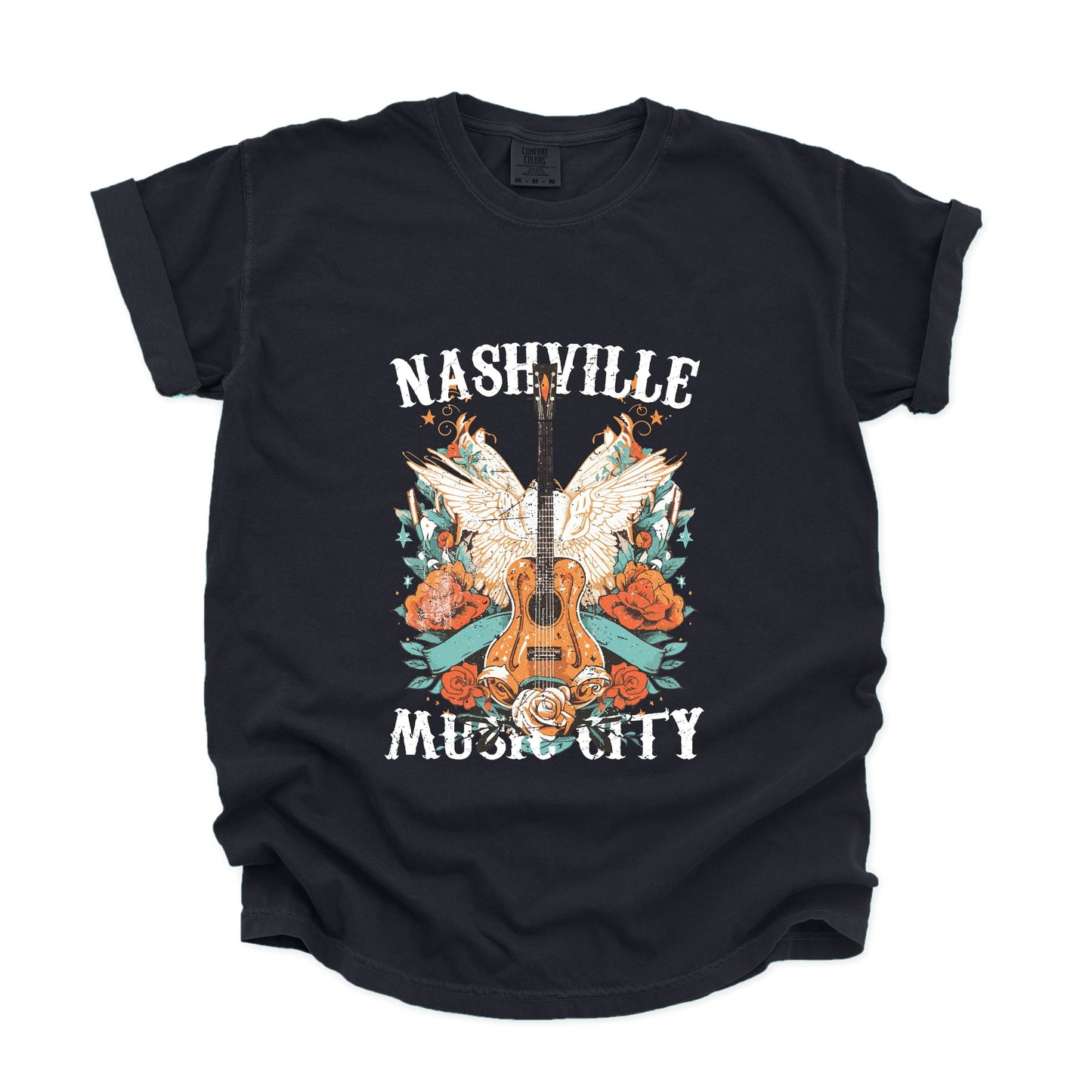 Nashville Music City Guitar Grunge - Womens Garment Dyed Tee