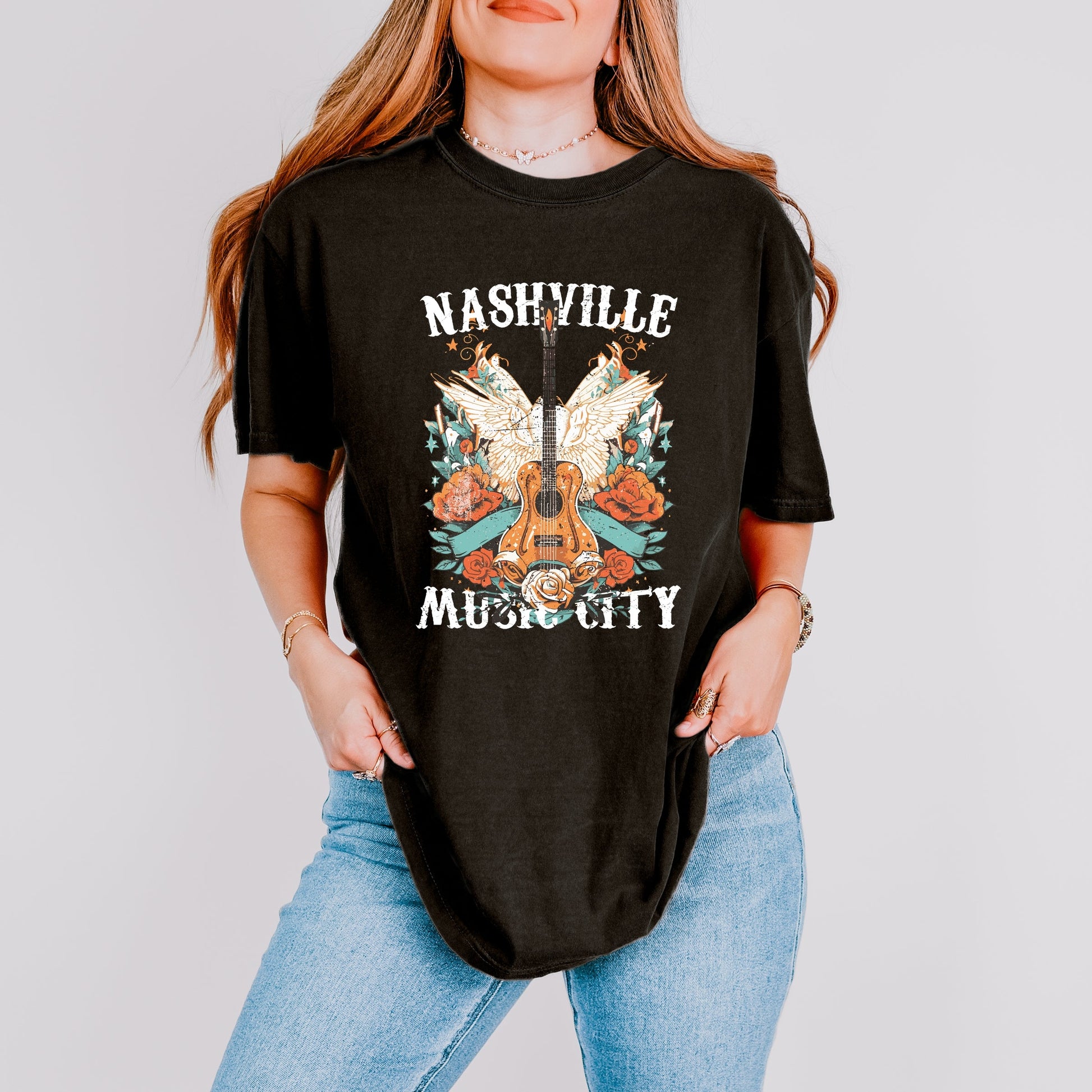 Nashville Music City Guitar Grunge - Womens Garment Dyed Tee