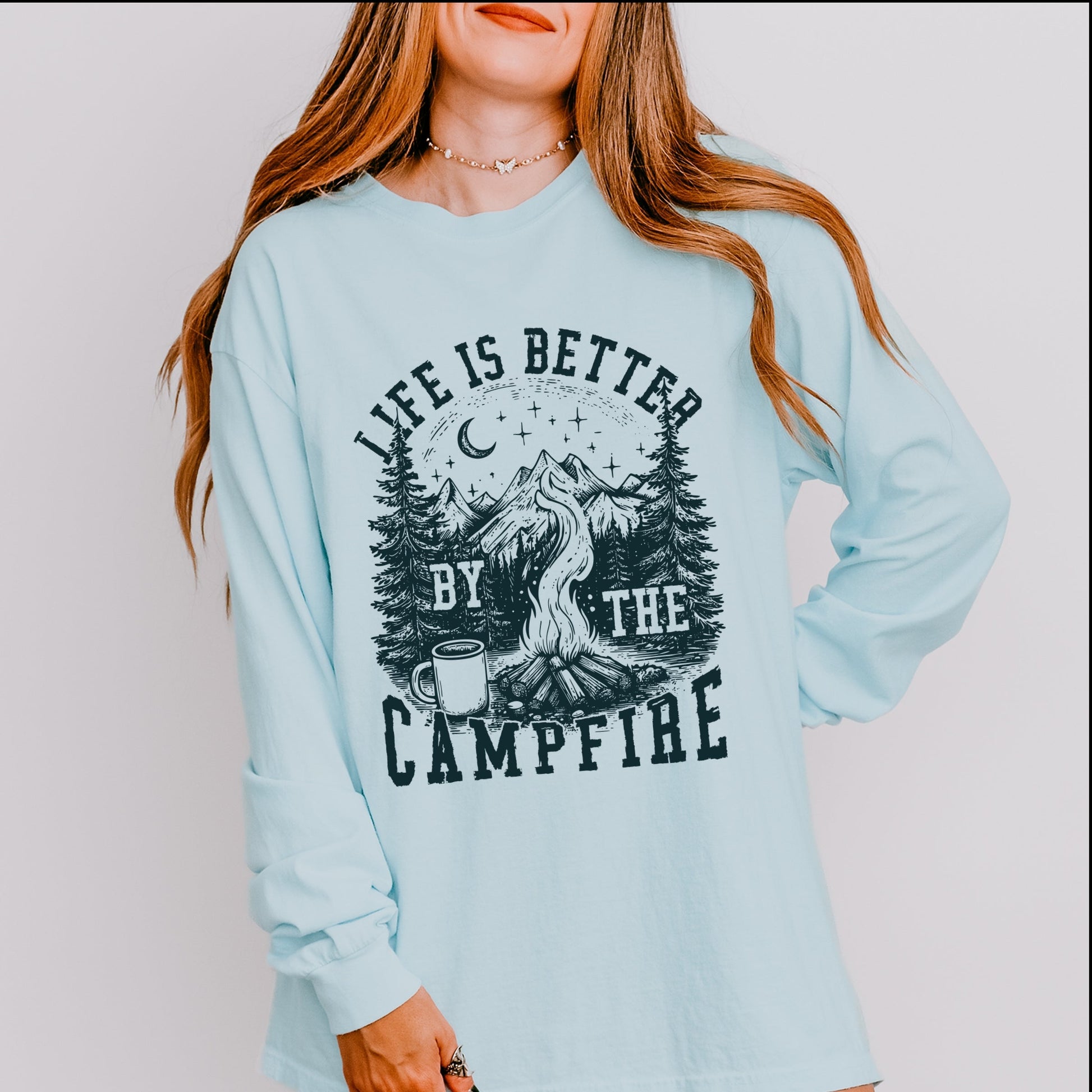 Life is Better by the Campfire Forest - Women's Garment Dyed Long Sleeve Graphic T-Shirt