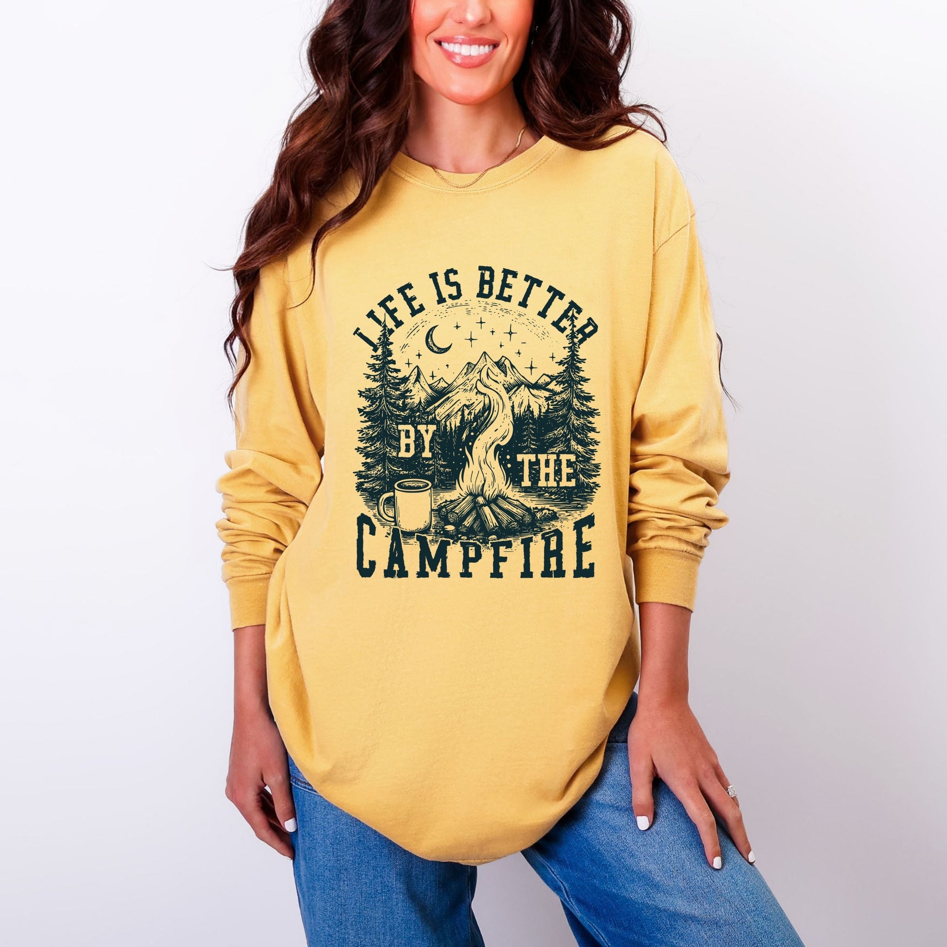 Life is Better by the Campfire Forest - Women's Garment Dyed Long Sleeve Graphic T-Shirt