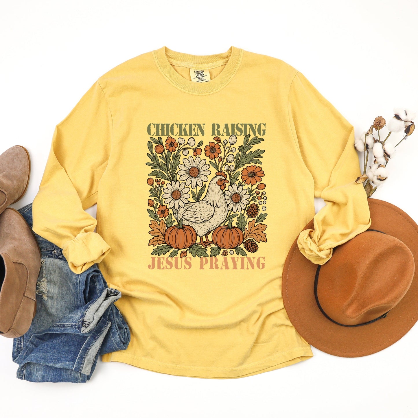 Chicken Raising Jesus Praying - Women's Garment Dyed Long Sleeve Graphic T-Shirt