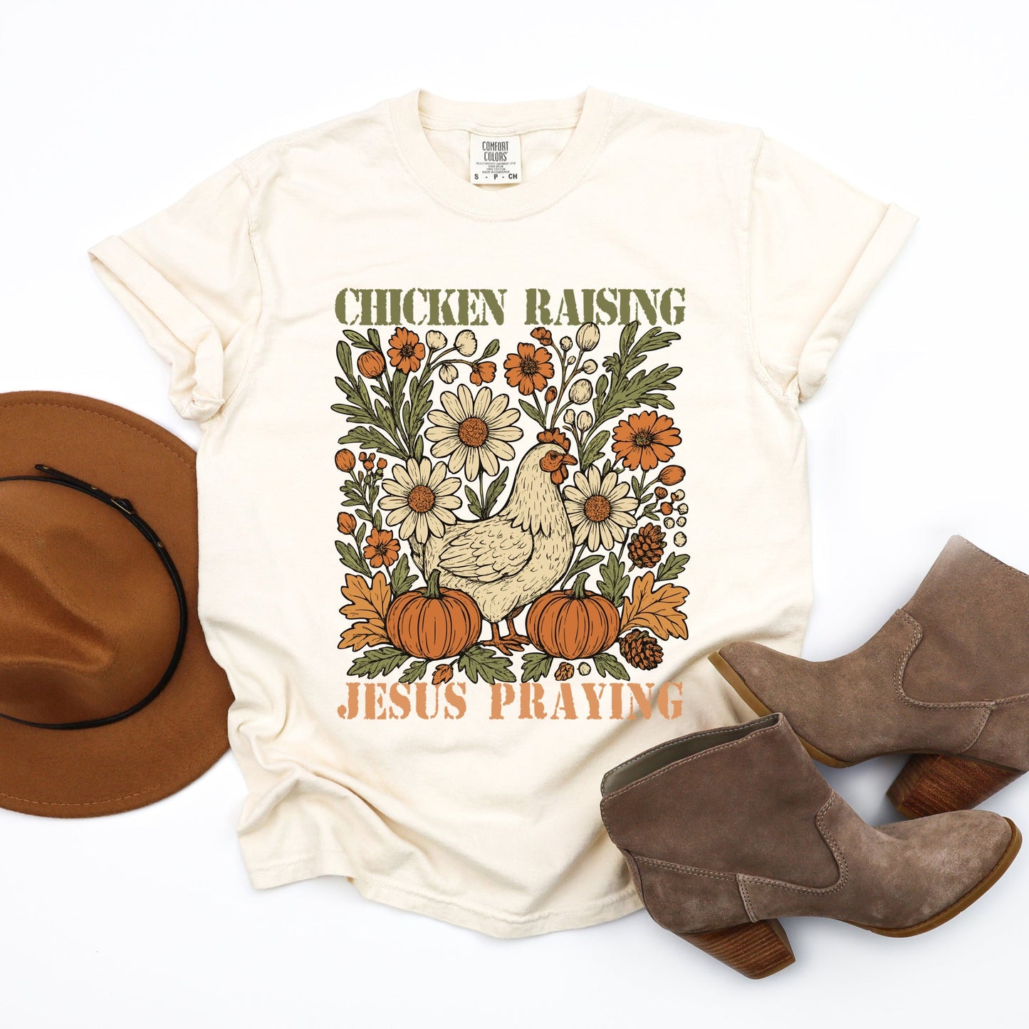 Chicken Raising Jesus Praying - Women's Garment Dyed Graphic T-Shirt