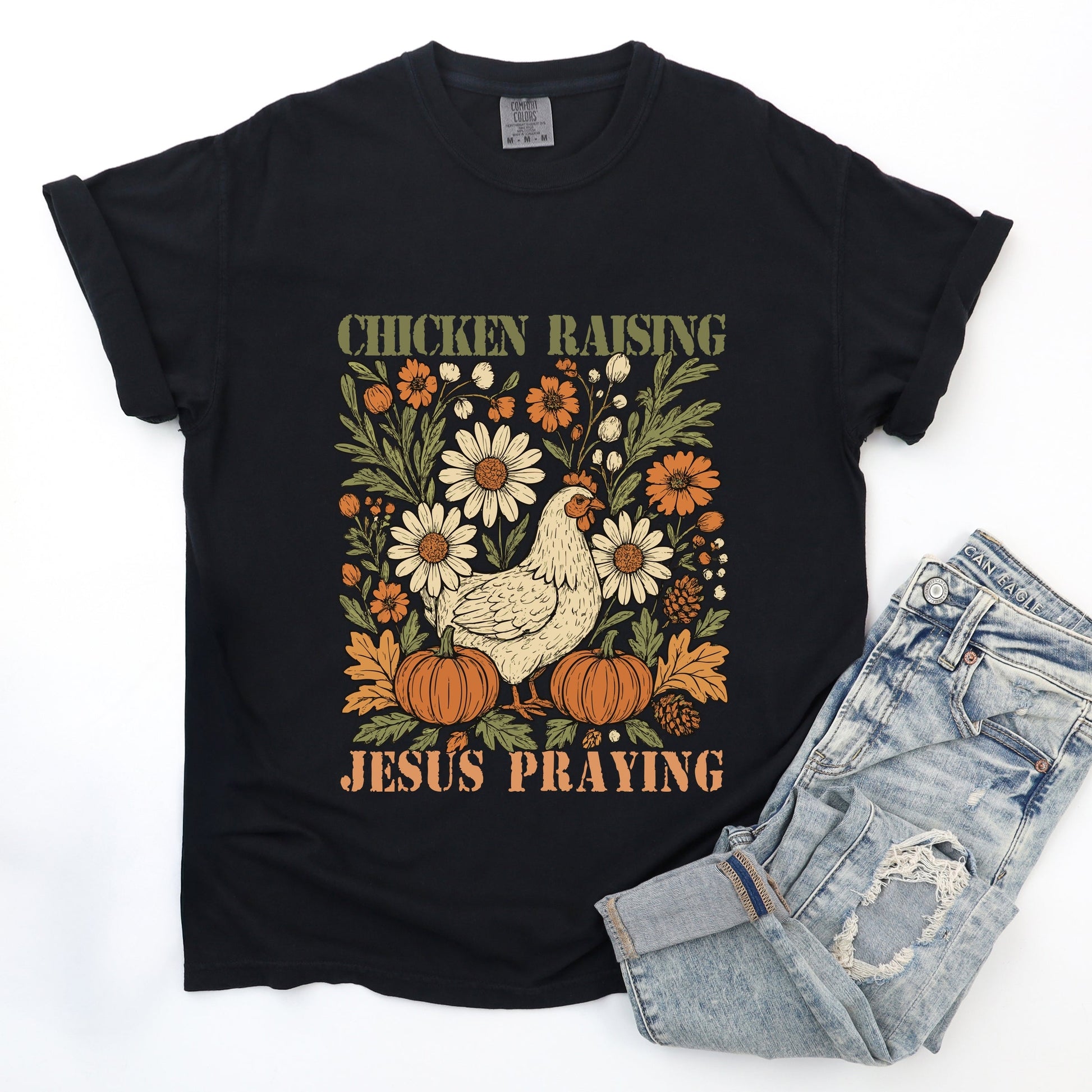 Chicken Raising Jesus Praying - Women's Garment Dyed Graphic T-Shirt