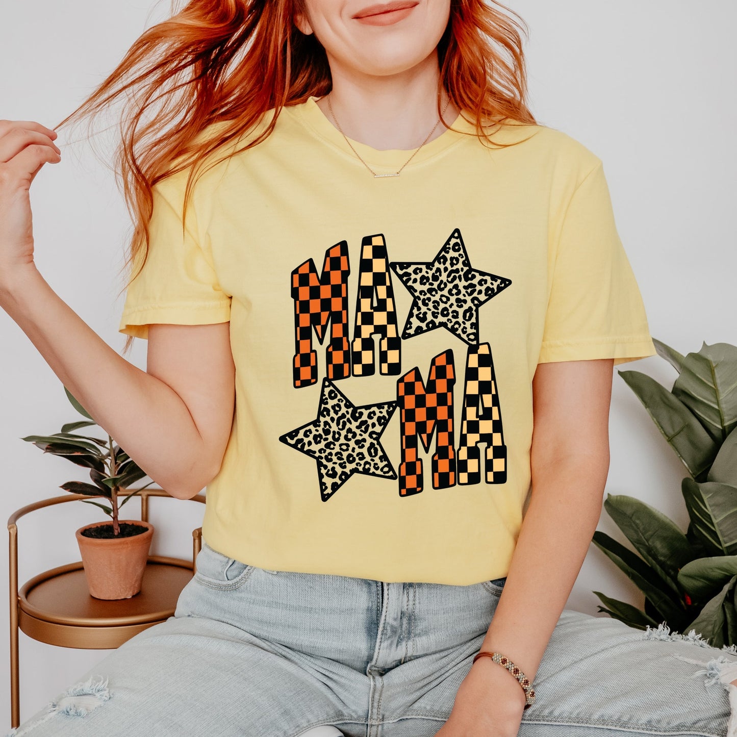 Checkered Mama Leopard Stars - Womens Garment Dyed Tee