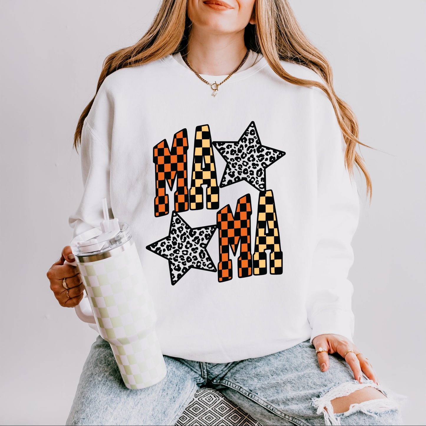 Checkered Mama Leopard Stars - Womens Lightweight Garment Dyed Sweatshirt