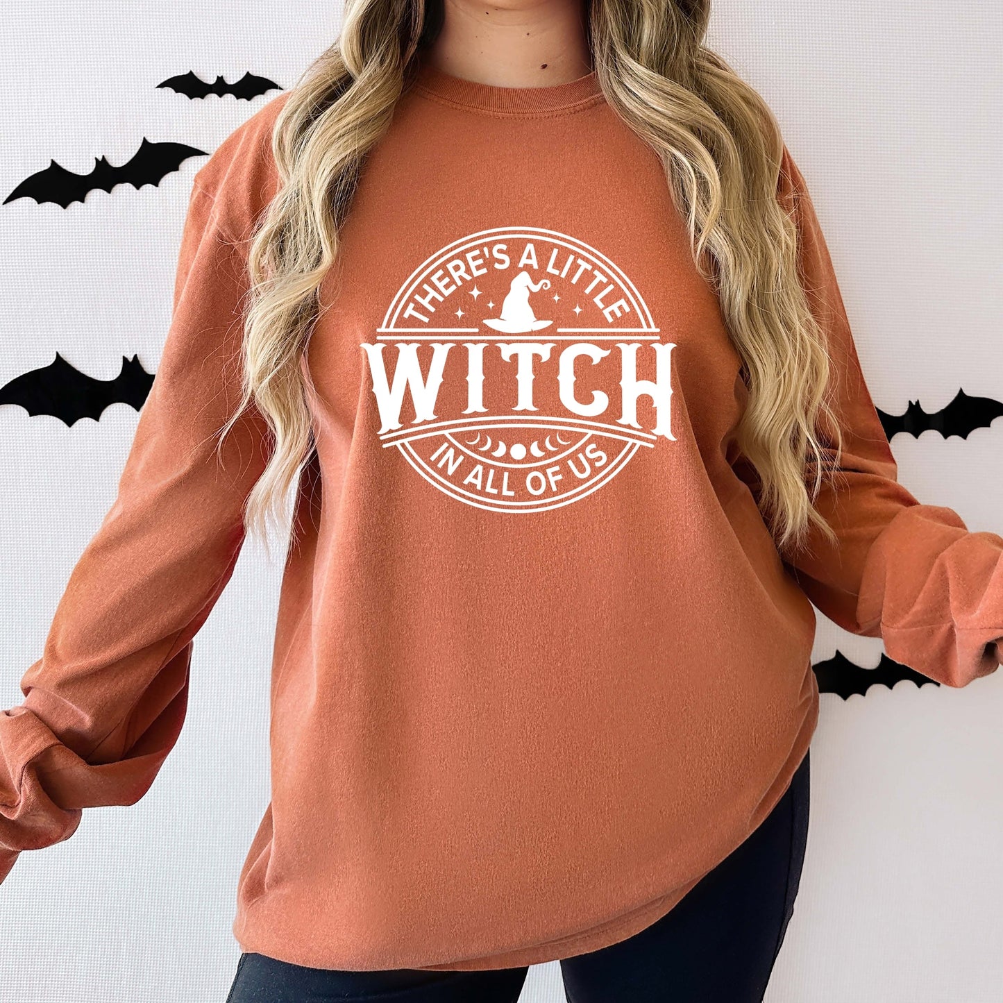 A Little Witch In All Of Us - Womens Garment Dyed Long Sleeve Graphic T-Shirt