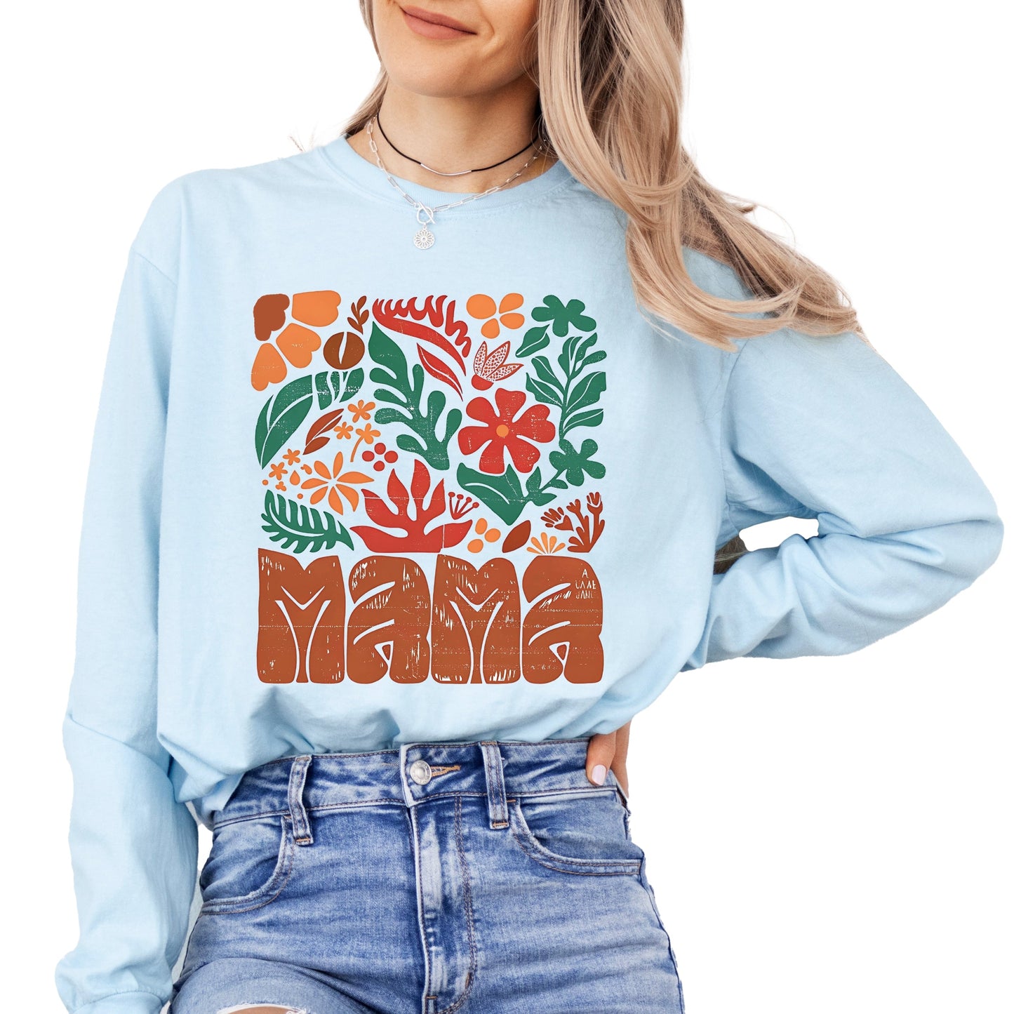 Mama Fall Floral - Women's Garment Dyed Long Sleeve Graphic T-Shirt