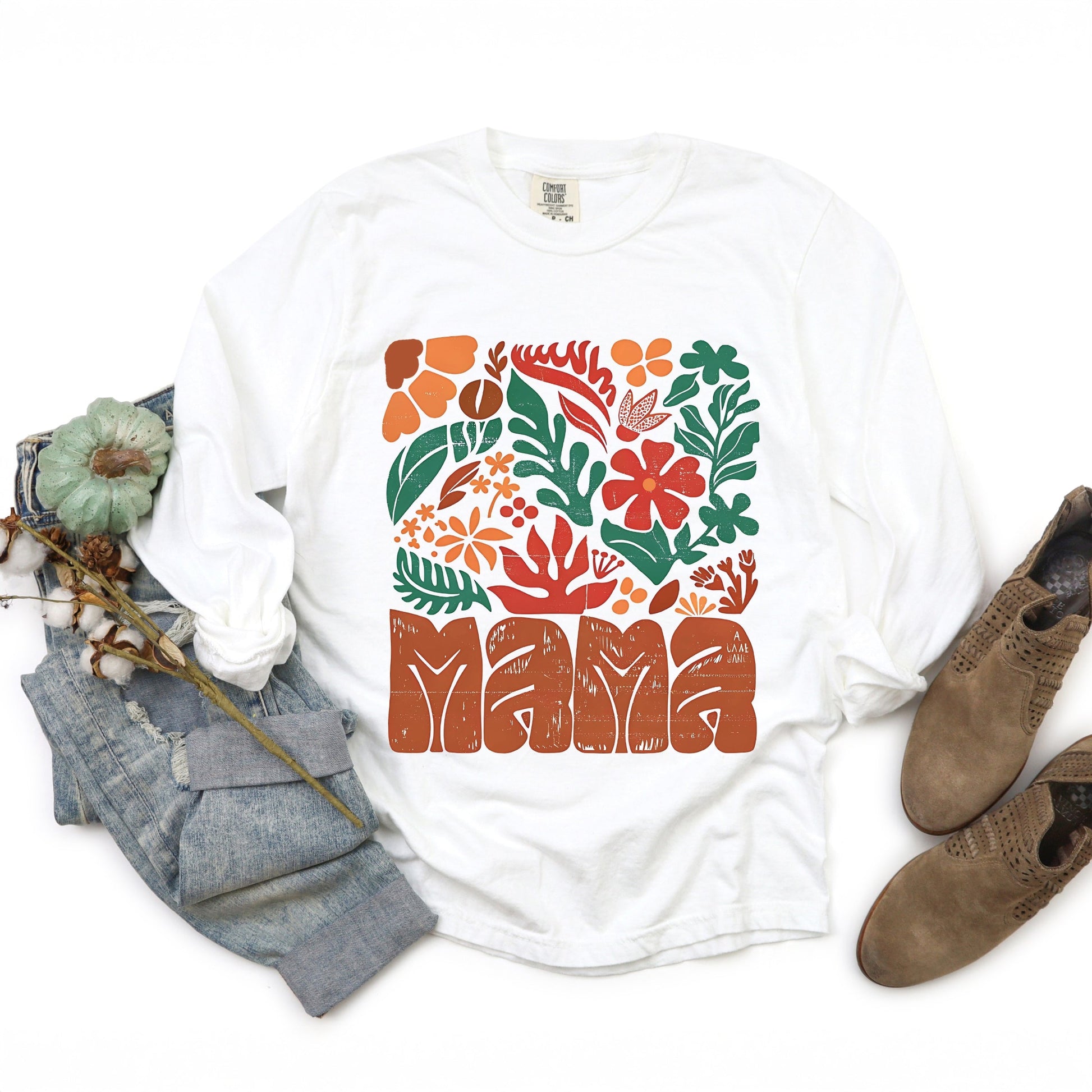 Mama Fall Floral - Women's Garment Dyed Long Sleeve Graphic T-Shirt