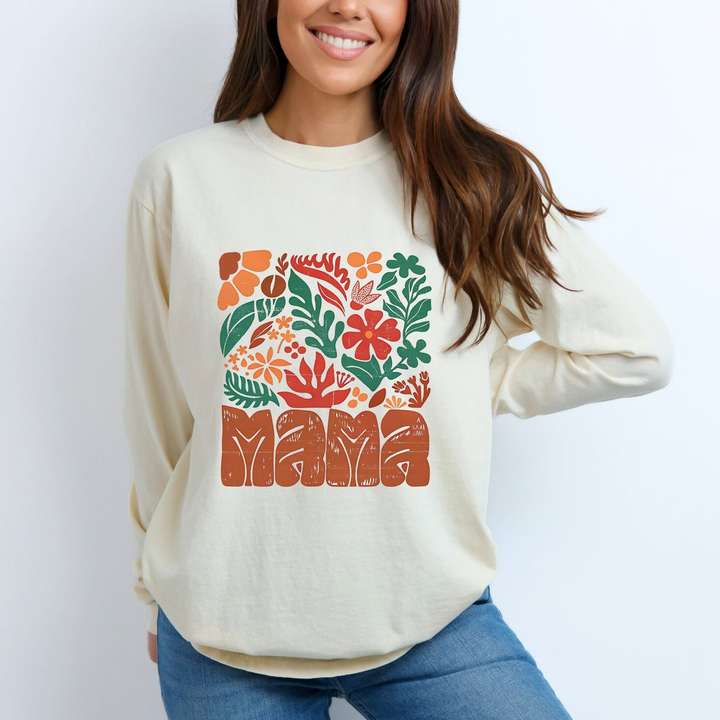 Mama Fall Floral - Women's Garment Dyed Long Sleeve Graphic T-Shirt