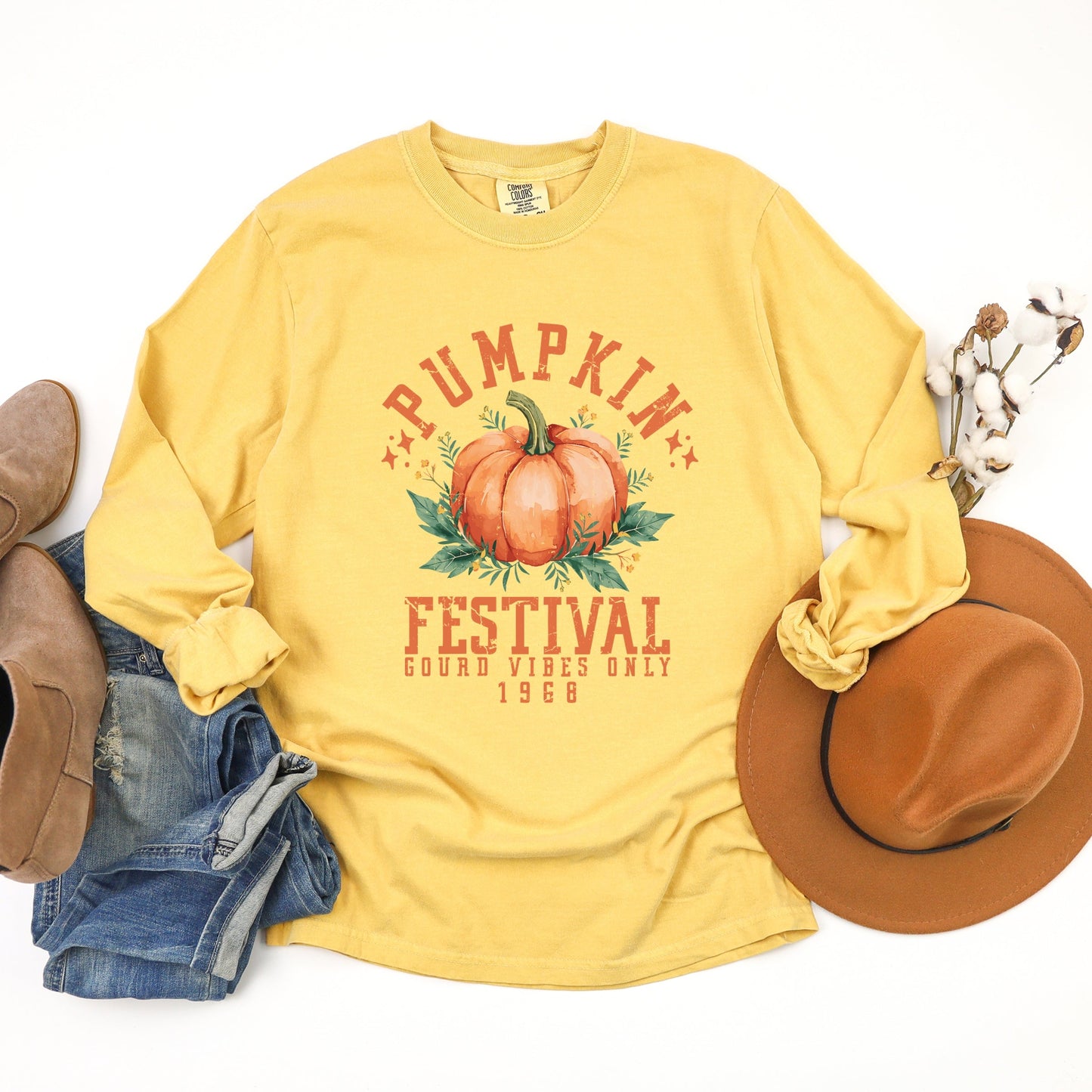 Pumpkin Festival Gourd Vibes - Women's Garment Dyed Long Sleeve Graphic T-Shirt