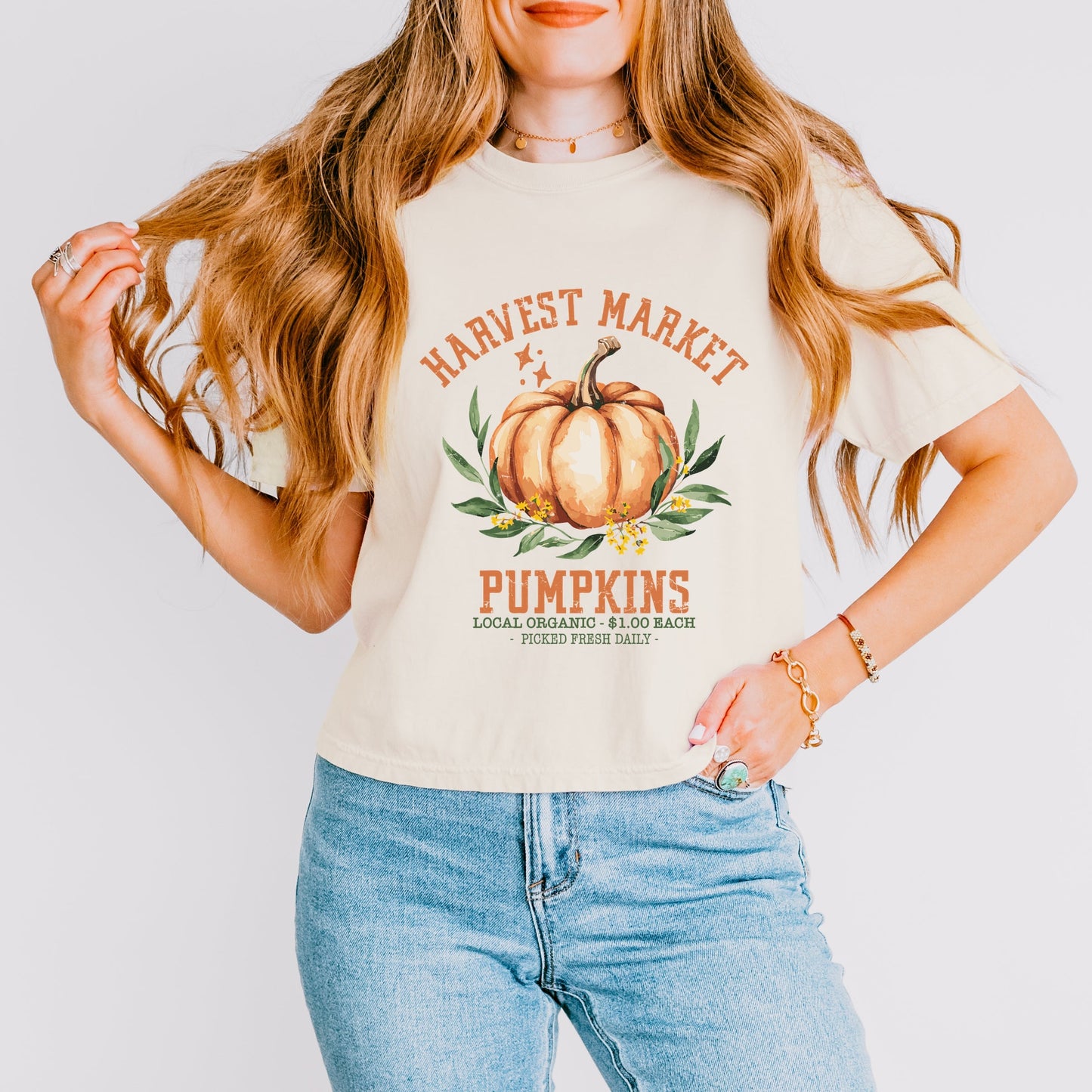 Harvest Market Pumpkins Local Organic - Women's Boxy Crop Top Graphic T-Shirt