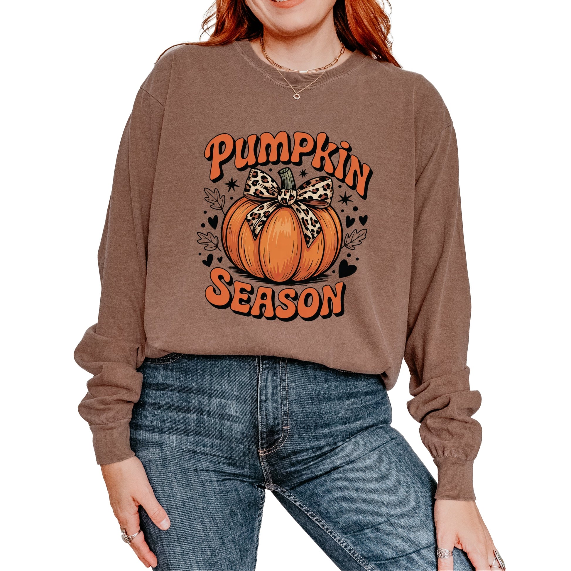 Coquette Pumpkin Season Leopard - Womens Garment Dyed Long Sleeve Graphic T-Shirt