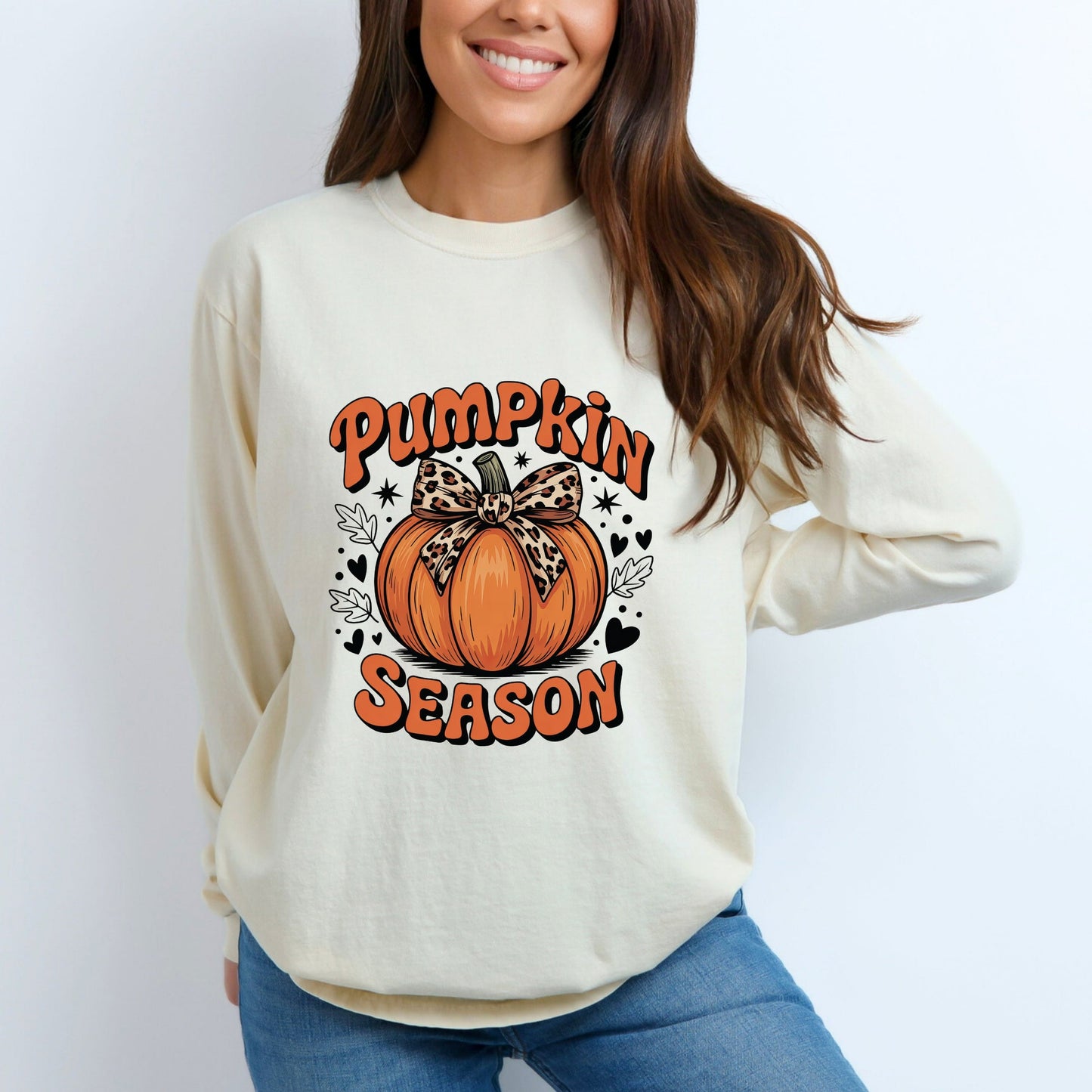 Coquette Pumpkin Season Leopard - Women's Garment Dyed Long Sleeve Graphic T-Shirt