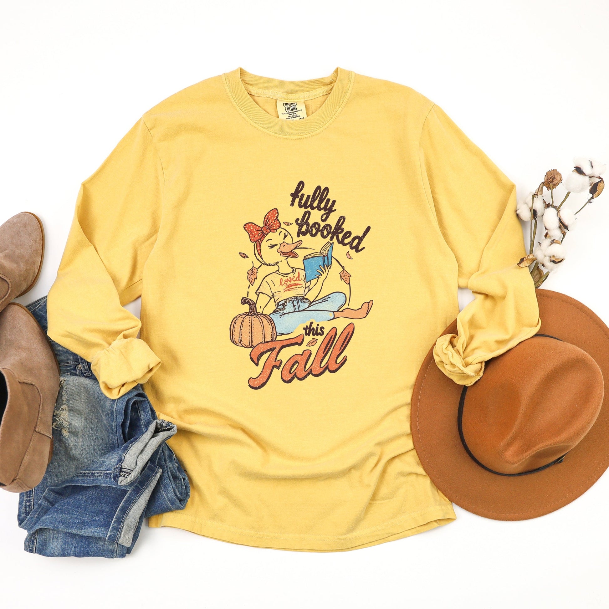 Fully Booked This Fall - Women's Garment Dyed Long Sleeve Graphic T-Shirt