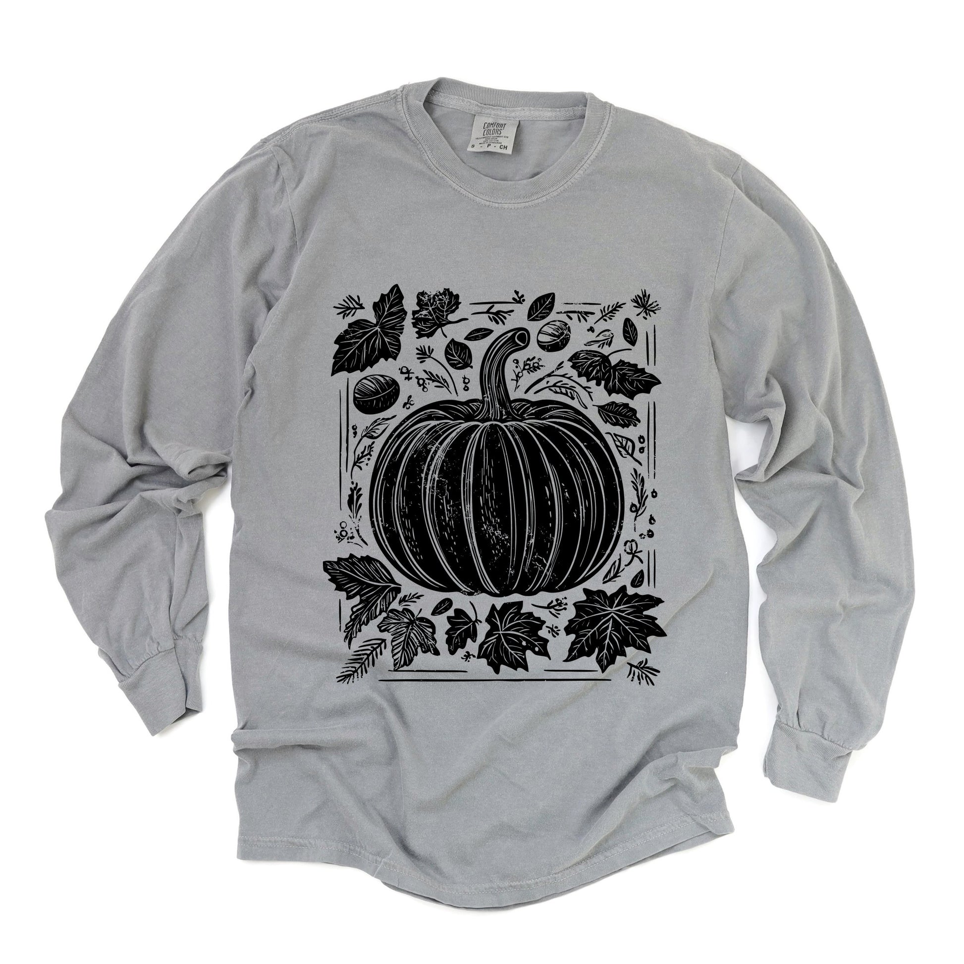 Pumpkin With Leaves Distressed - Women's Garment Dyed Long Sleeve Graphic T-Shirt