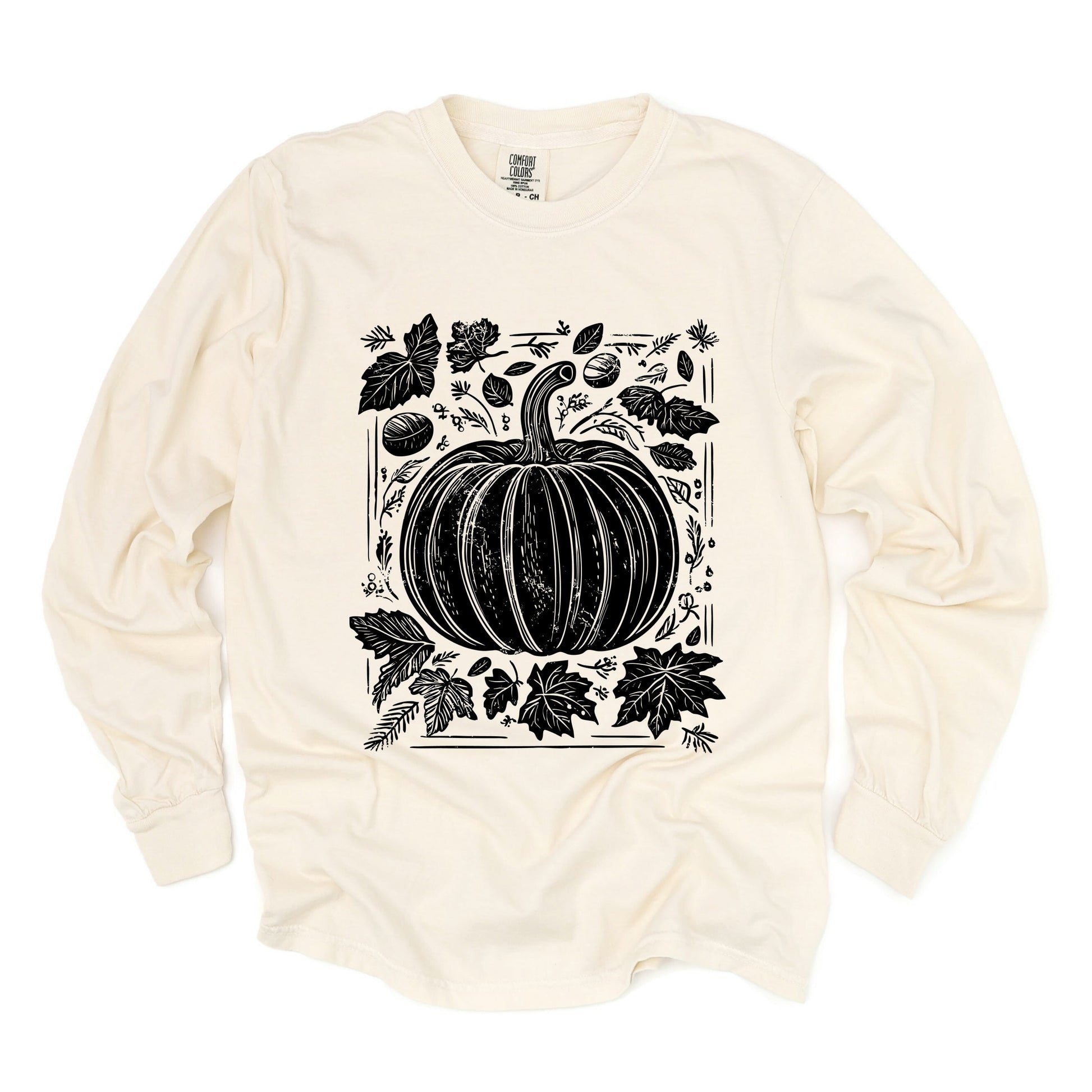 Pumpkin With Leaves Distressed - Women's Garment Dyed Long Sleeve Graphic T-Shirt
