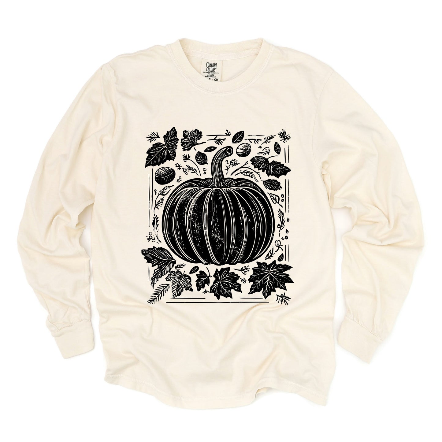 Pumpkin With Leaves Distressed - Women's Garment Dyed Long Sleeve Graphic T-Shirt