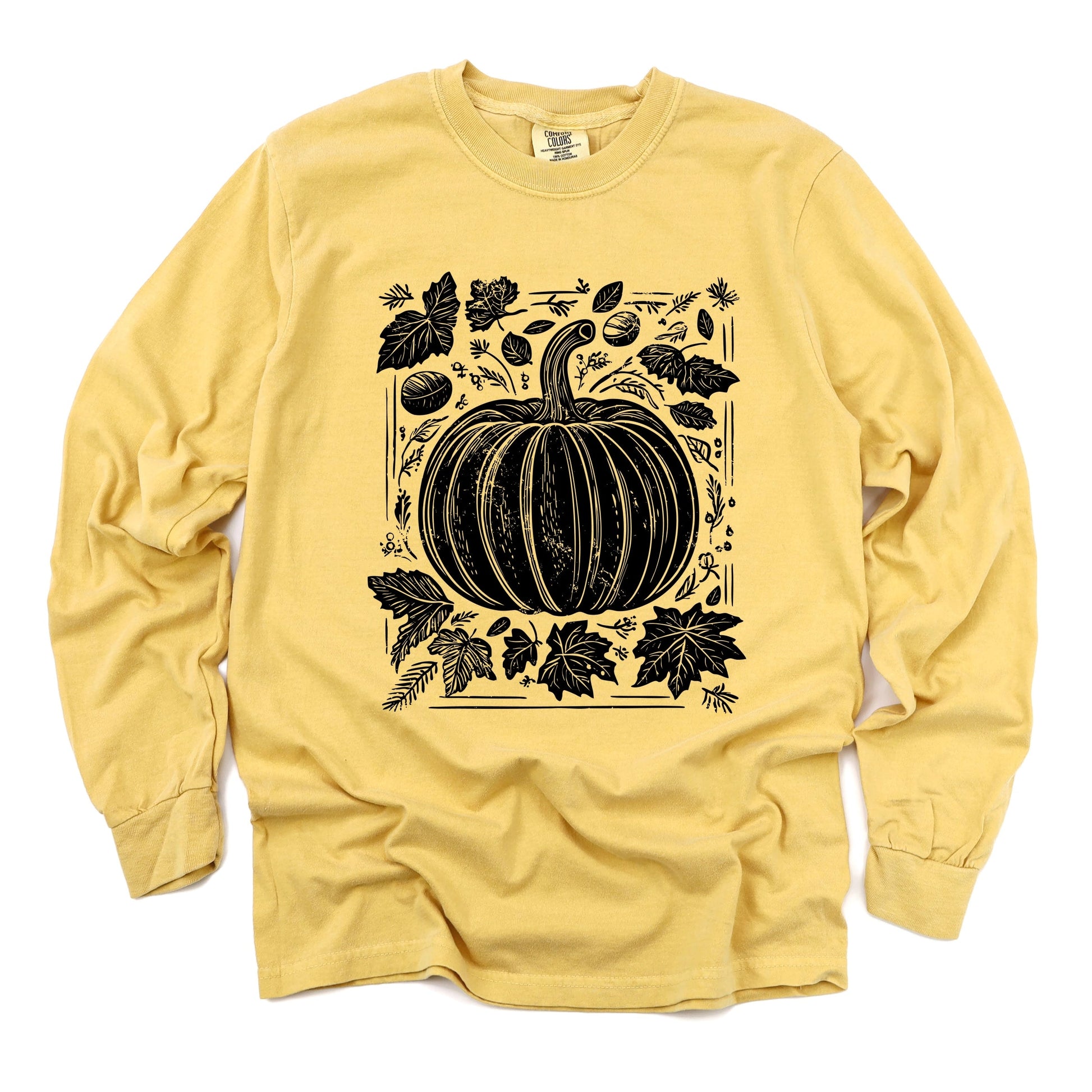 Pumpkin With Leaves Distressed - Women's Garment Dyed Long Sleeve Graphic T-Shirt