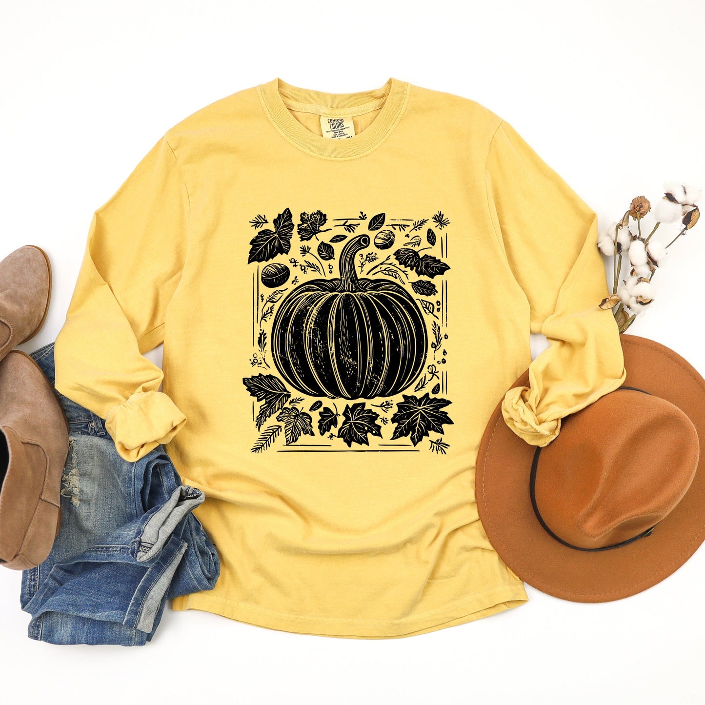 Pumpkin With Leaves Distressed - Women's Garment Dyed Long Sleeve Graphic T-Shirt
