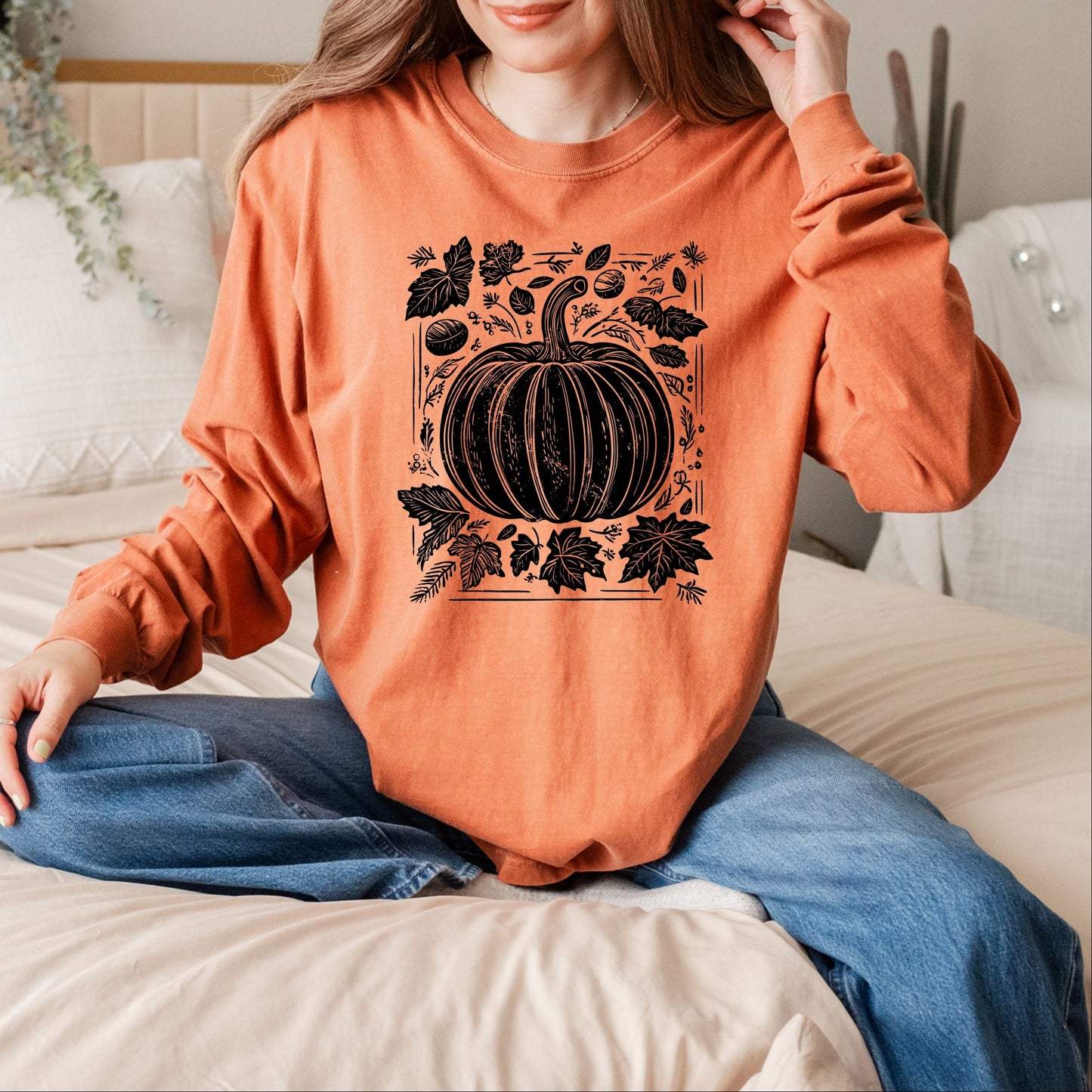 Pumpkin With Leaves Distressed - Women's Garment Dyed Long Sleeve Graphic T-Shirt