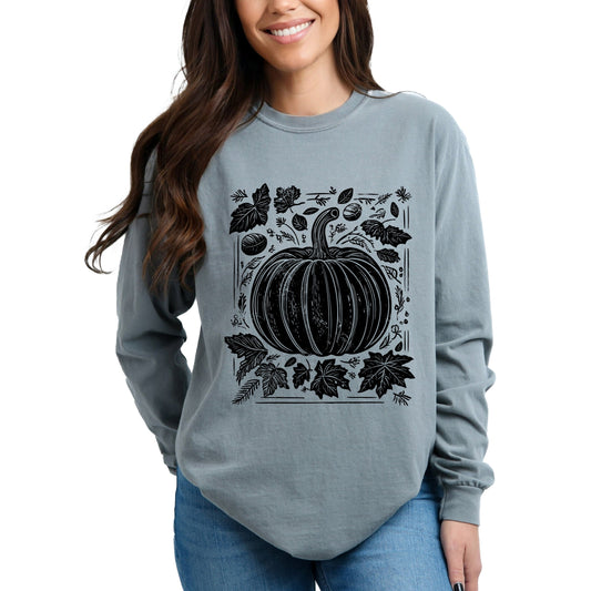Pumpkin With Leaves Distressed - Women's Garment Dyed Long Sleeve Graphic T-Shirt
