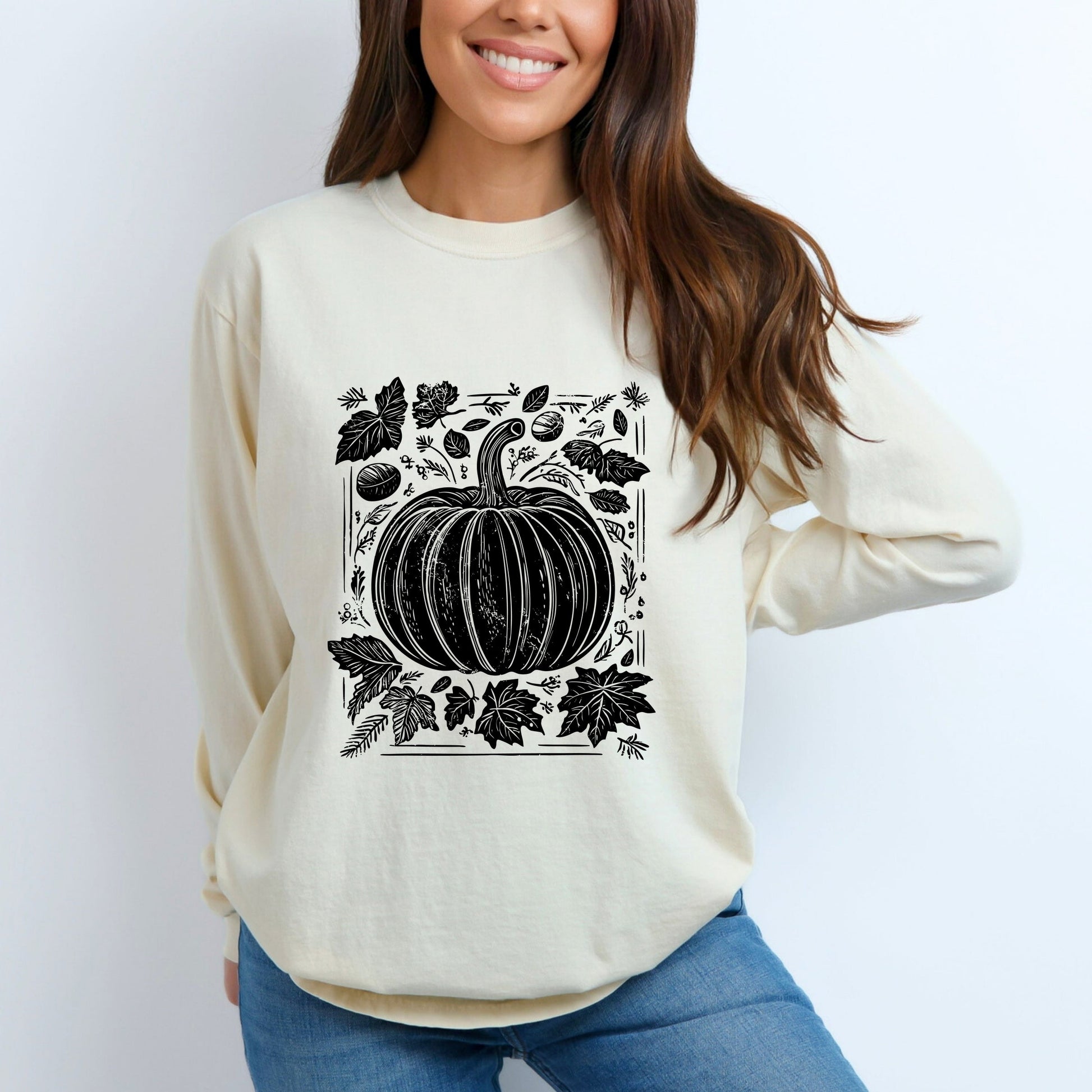 Pumpkin With Leaves Distressed - Women's Garment Dyed Long Sleeve Graphic T-Shirt