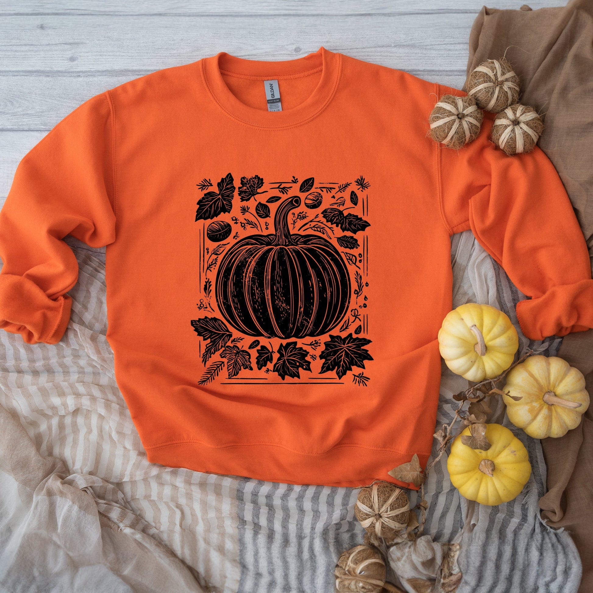 Pumpkin With Leaves Distressed - Women's Graphic Sweatshirt