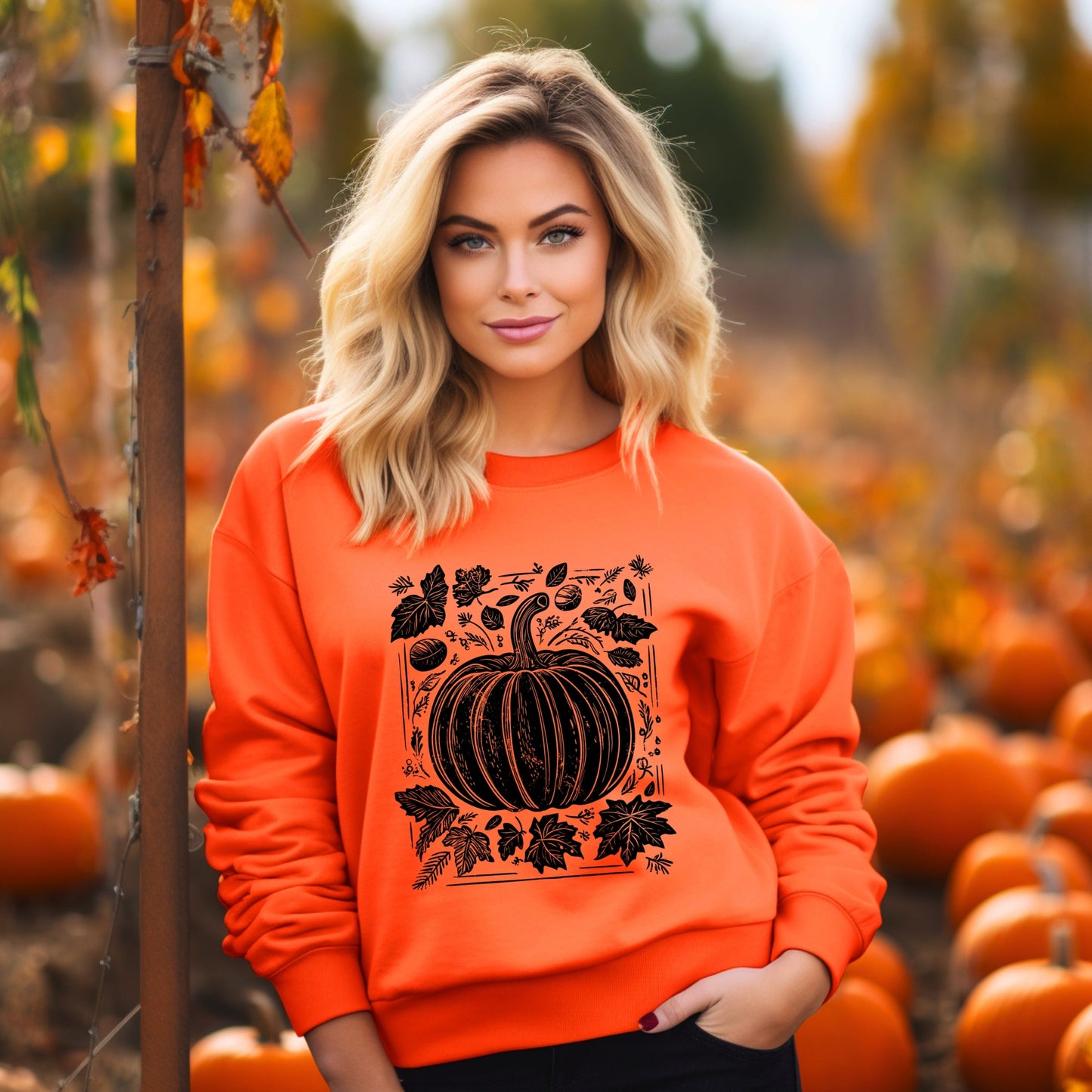 Pumpkin With Leaves Distressed - Women's Graphic Sweatshirt