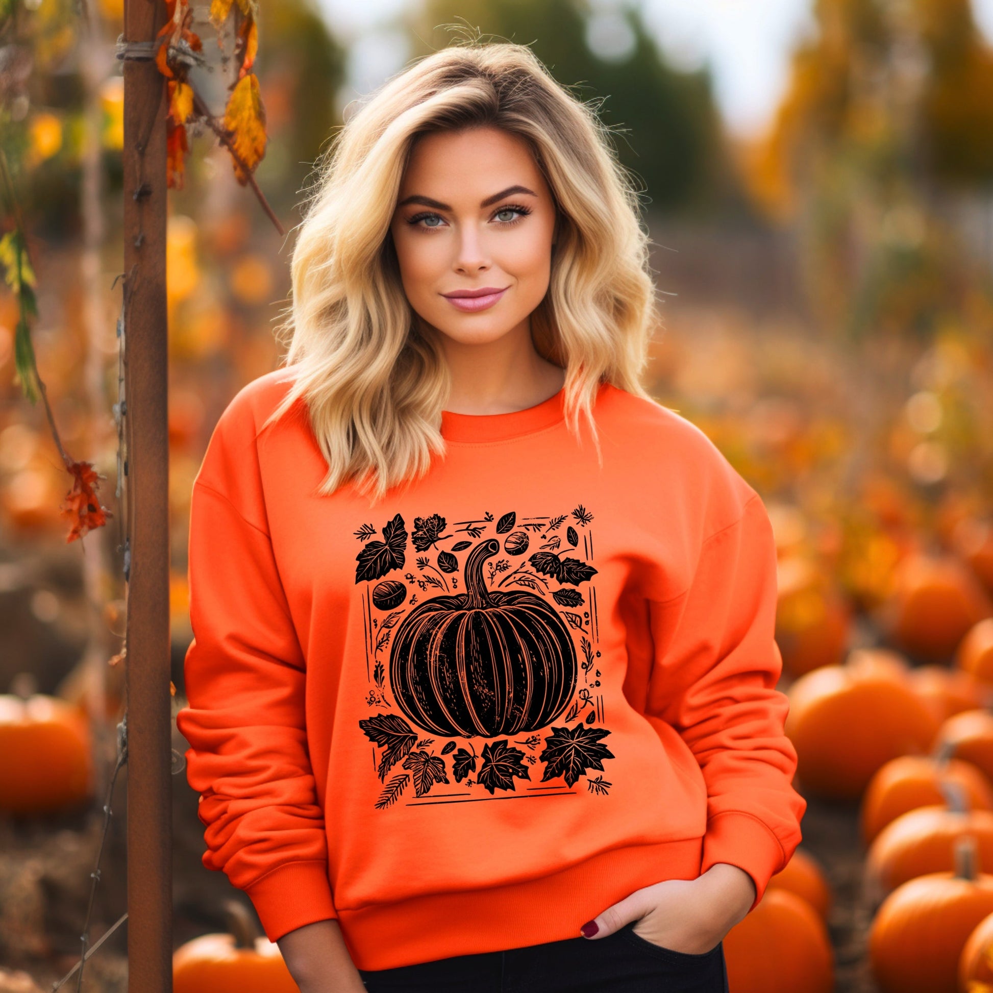 Pumpkin With Leaves Distressed - Women's Graphic Sweatshirt