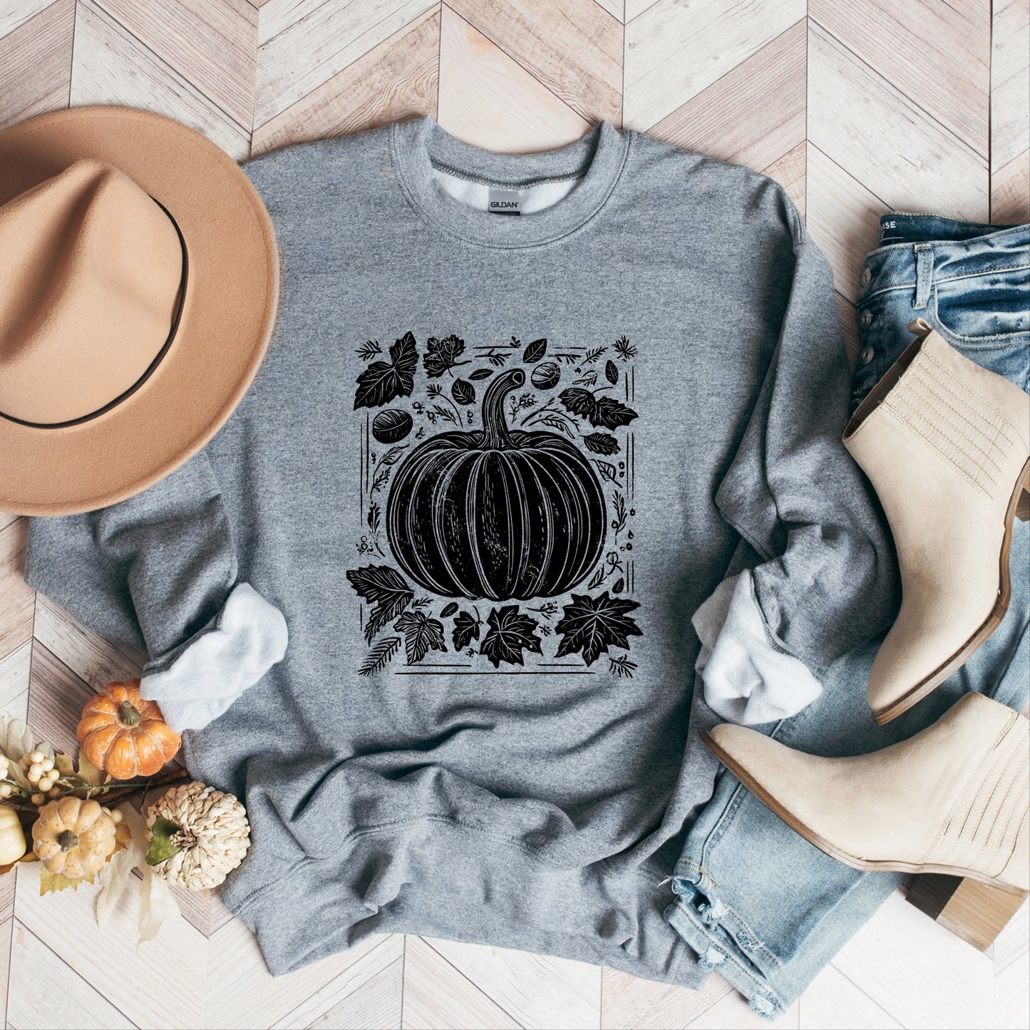 Pumpkin With Leaves Distressed - Women's Graphic Sweatshirt