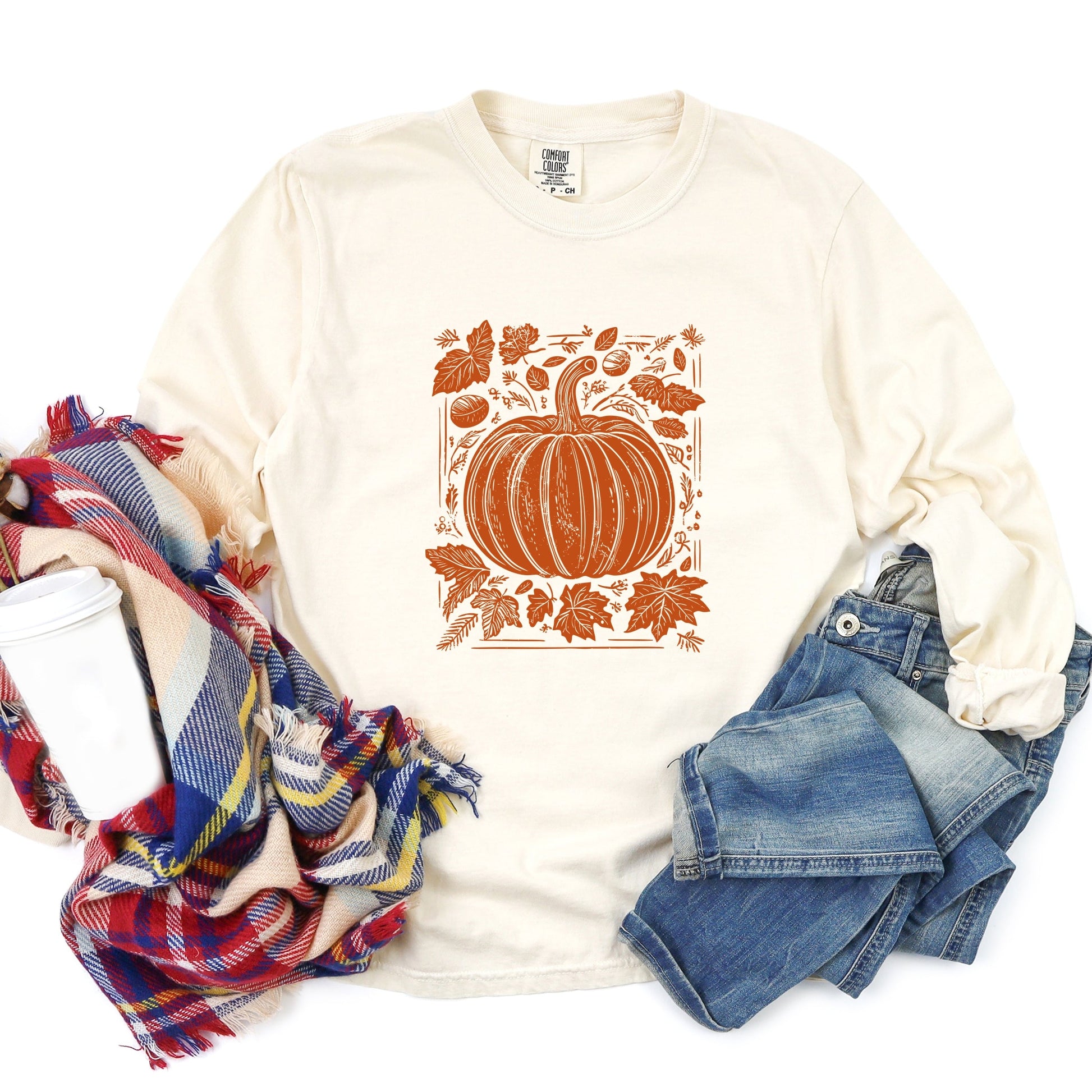 Pumpkin With Leaves Distressed - Women's Garment Dyed Long Sleeve Graphic T-Shirt