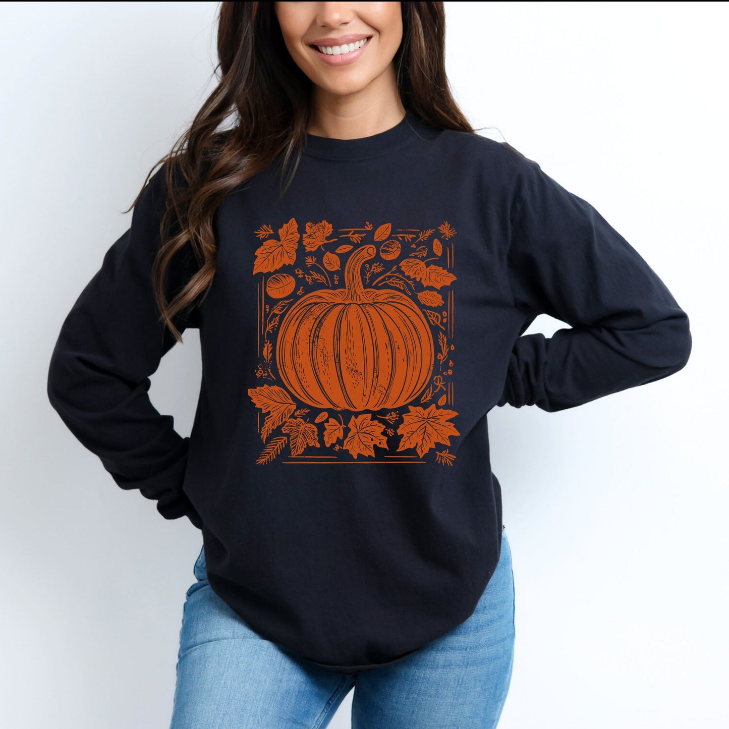 Pumpkin With Leaves Distressed - Women's Garment Dyed Long Sleeve Graphic T-Shirt