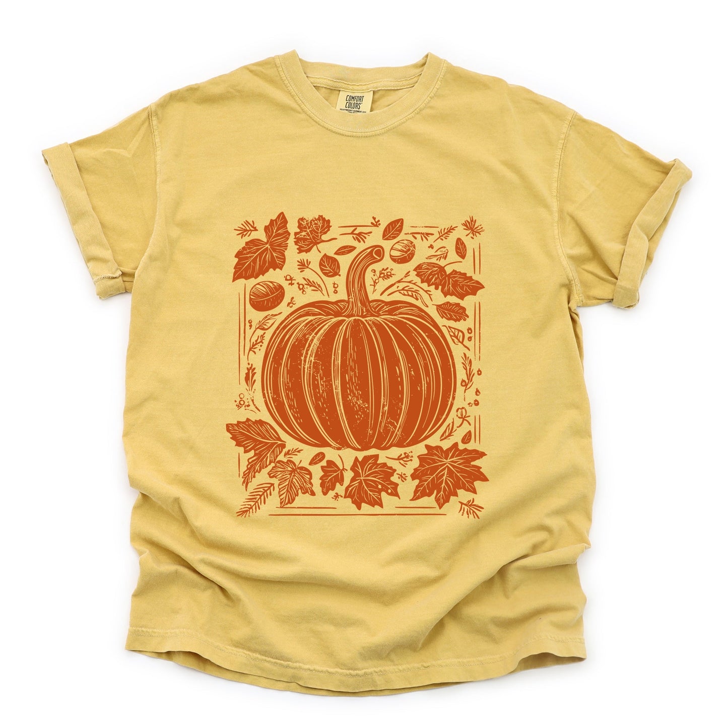 Pumpkin With Leaves Distressed - Women's Garment Dyed Graphic T-Shirt