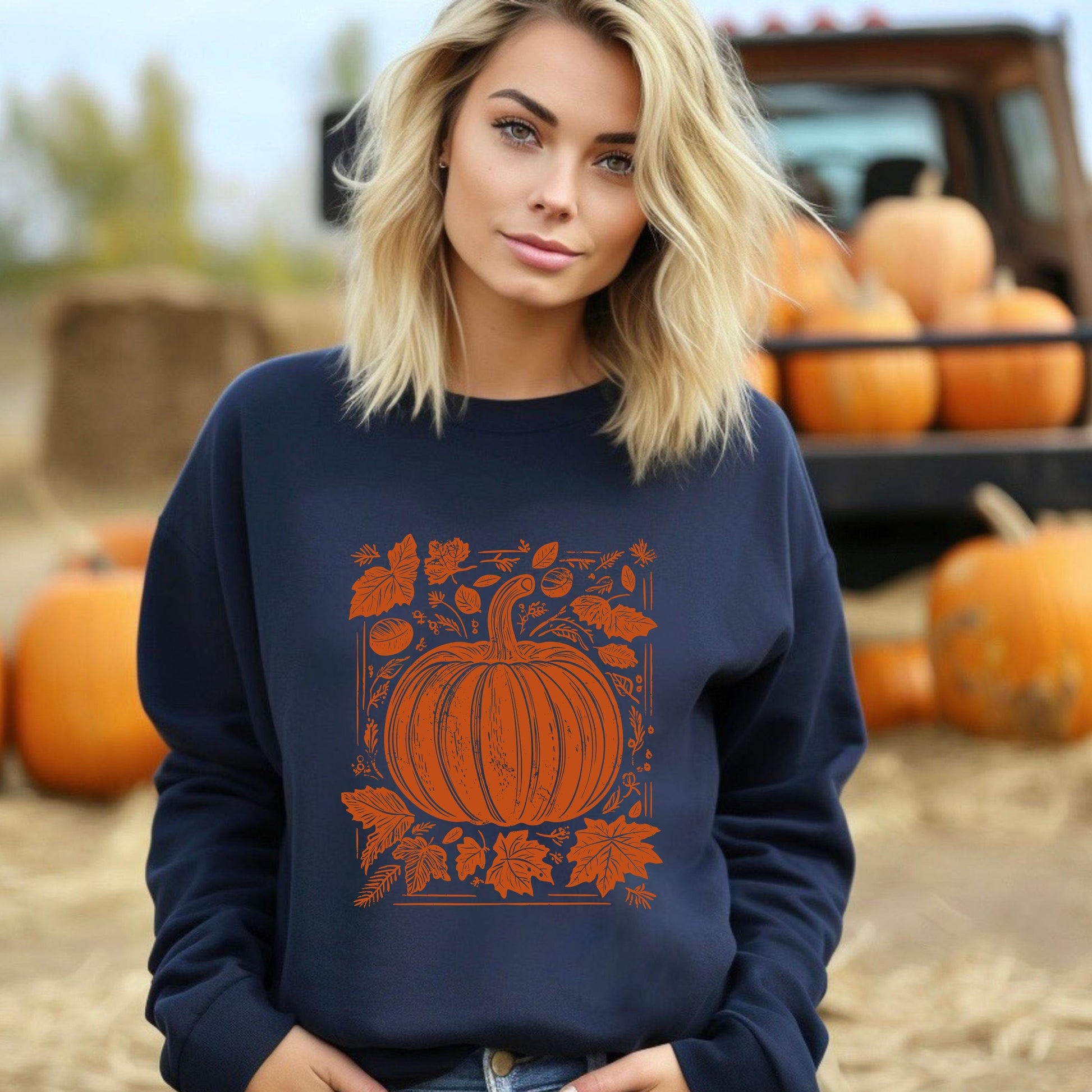 Pumpkin With Leaves Distressed - Women's Graphic Sweatshirt