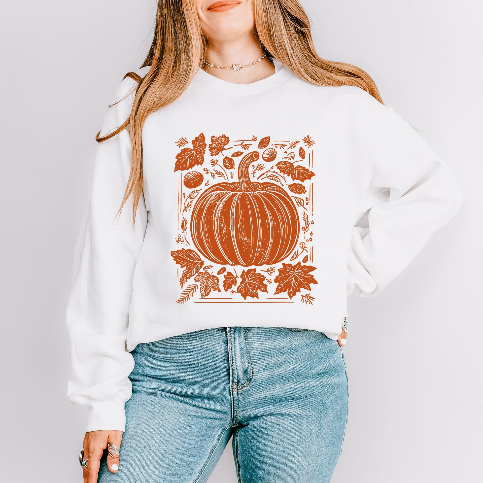 Pumpkin With Leaves Distressed - Women's Graphic Sweatshirt